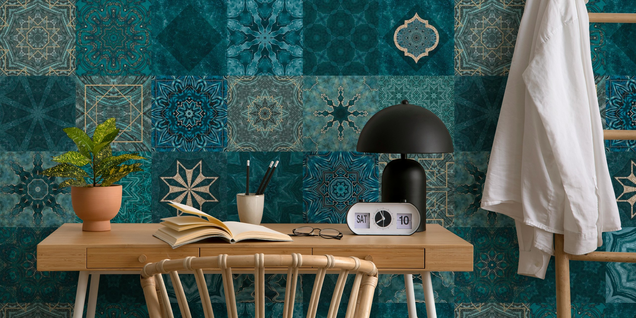 Mediterranean Mosaic Teal Gold wallpaper in a room