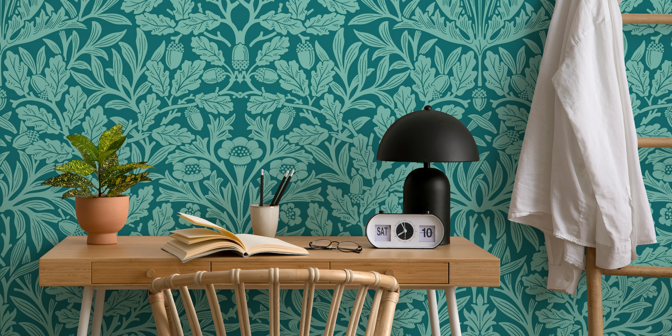 Victorian Acorn pattern 16 Teal wallpaper on display