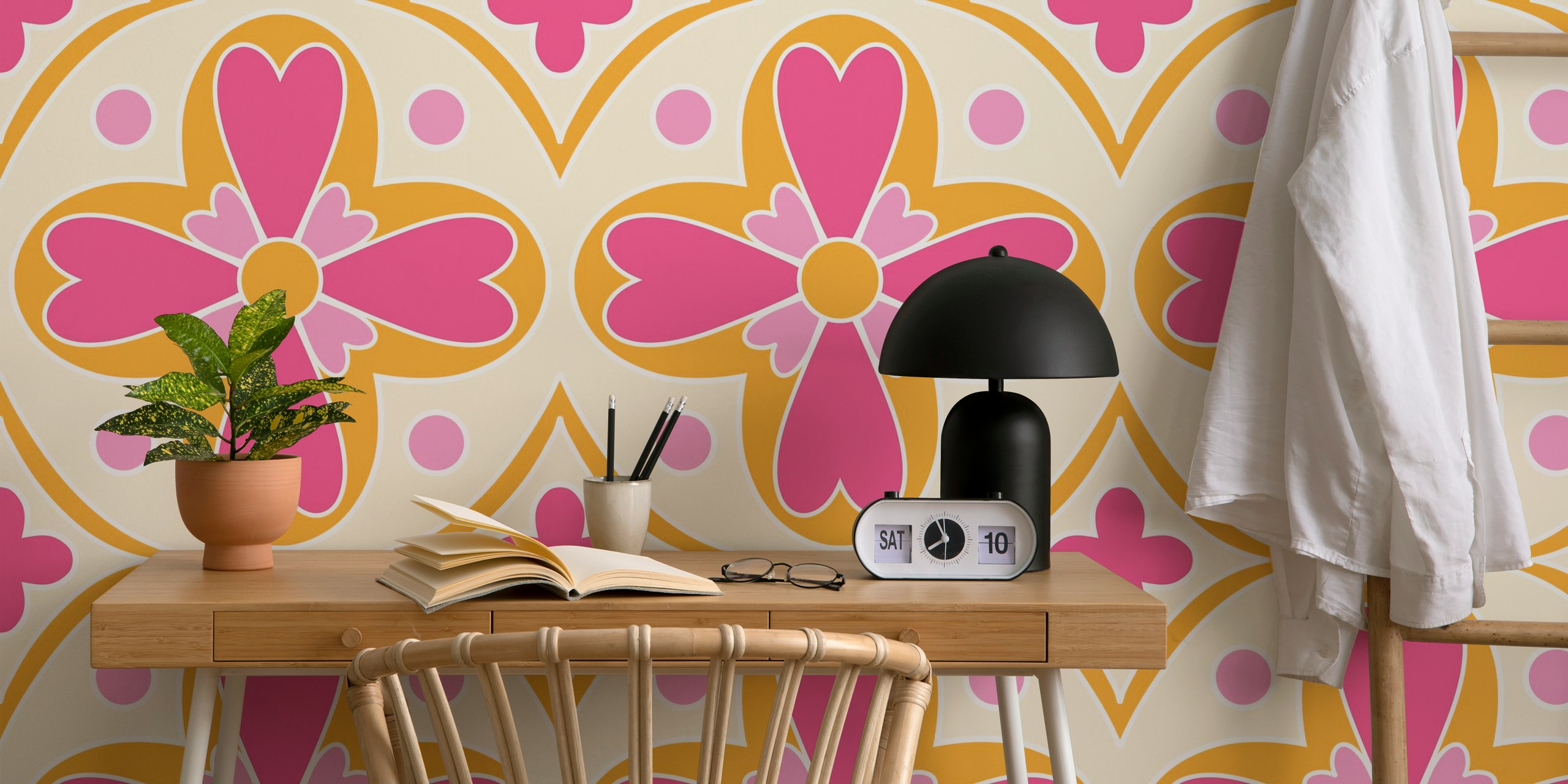 Colorful pink flower patterns on cream background wallpaper
