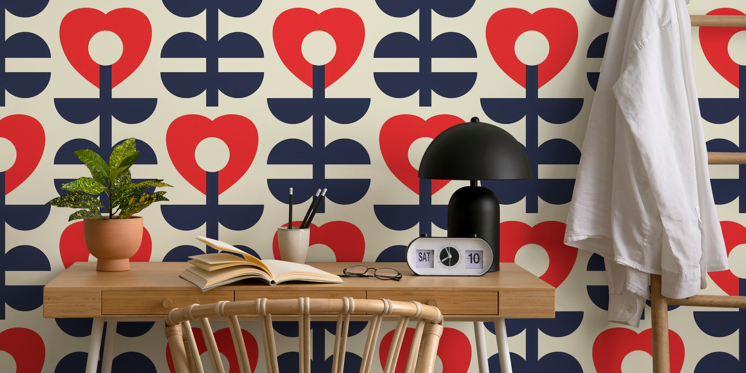 Modern love hearts flowers pattern wallpaper