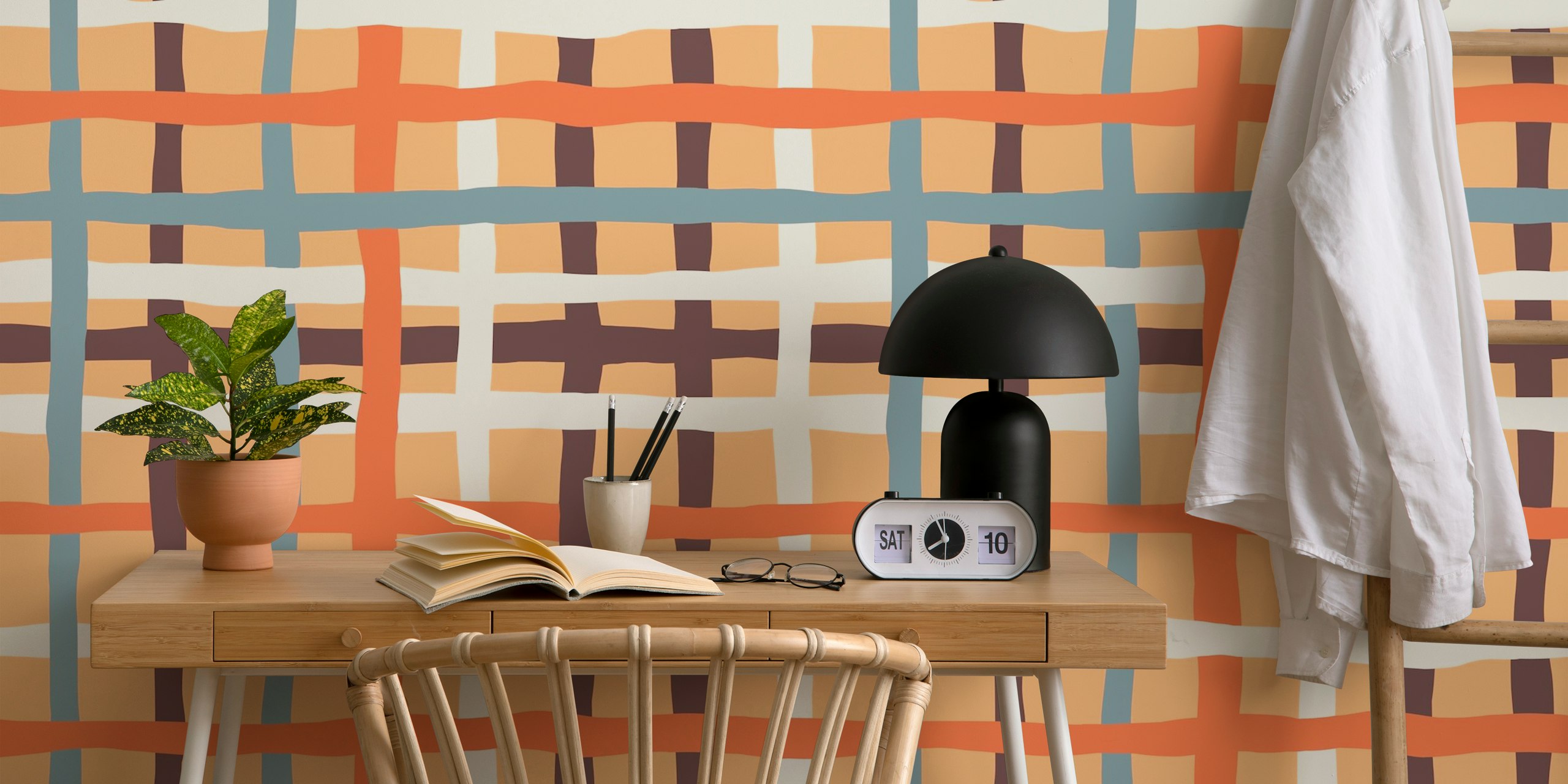 Wavy checkerboard pattern in soft orange, blue, and brown colors wallpaper