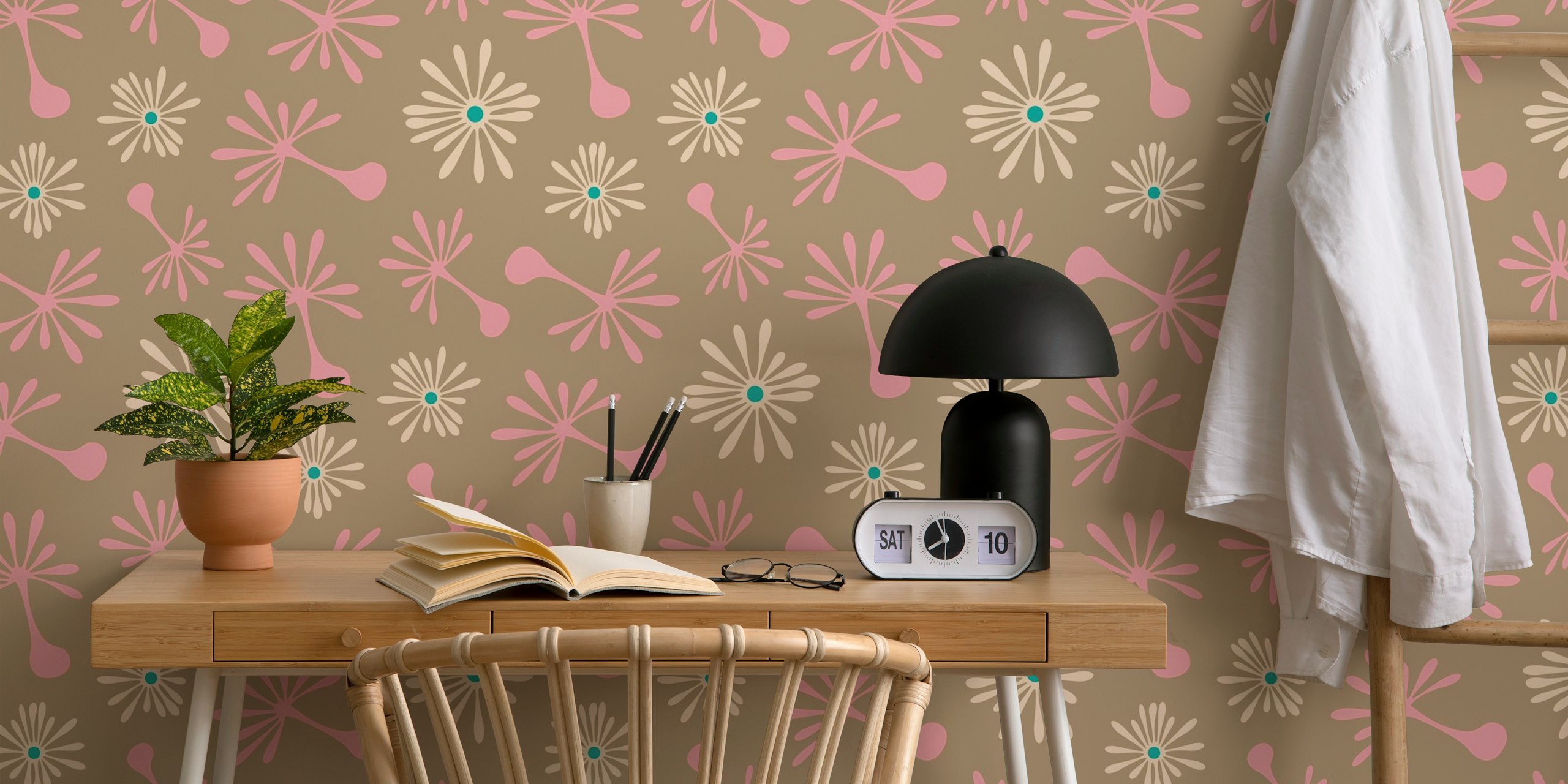 Blowing Dandelions Retro Mod Floral Beige tapetti huoneessa