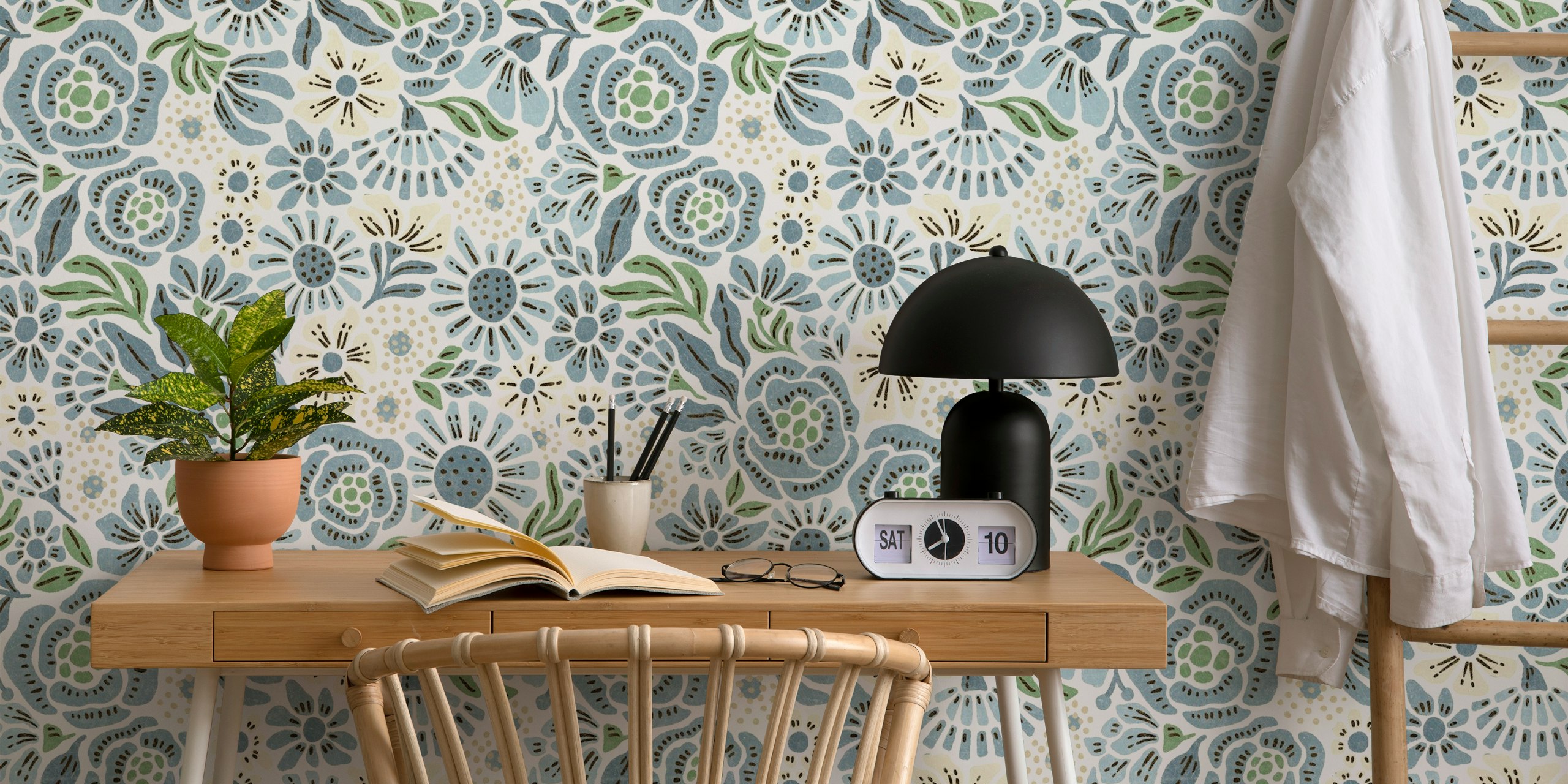 Blue and green floral wallpaper design