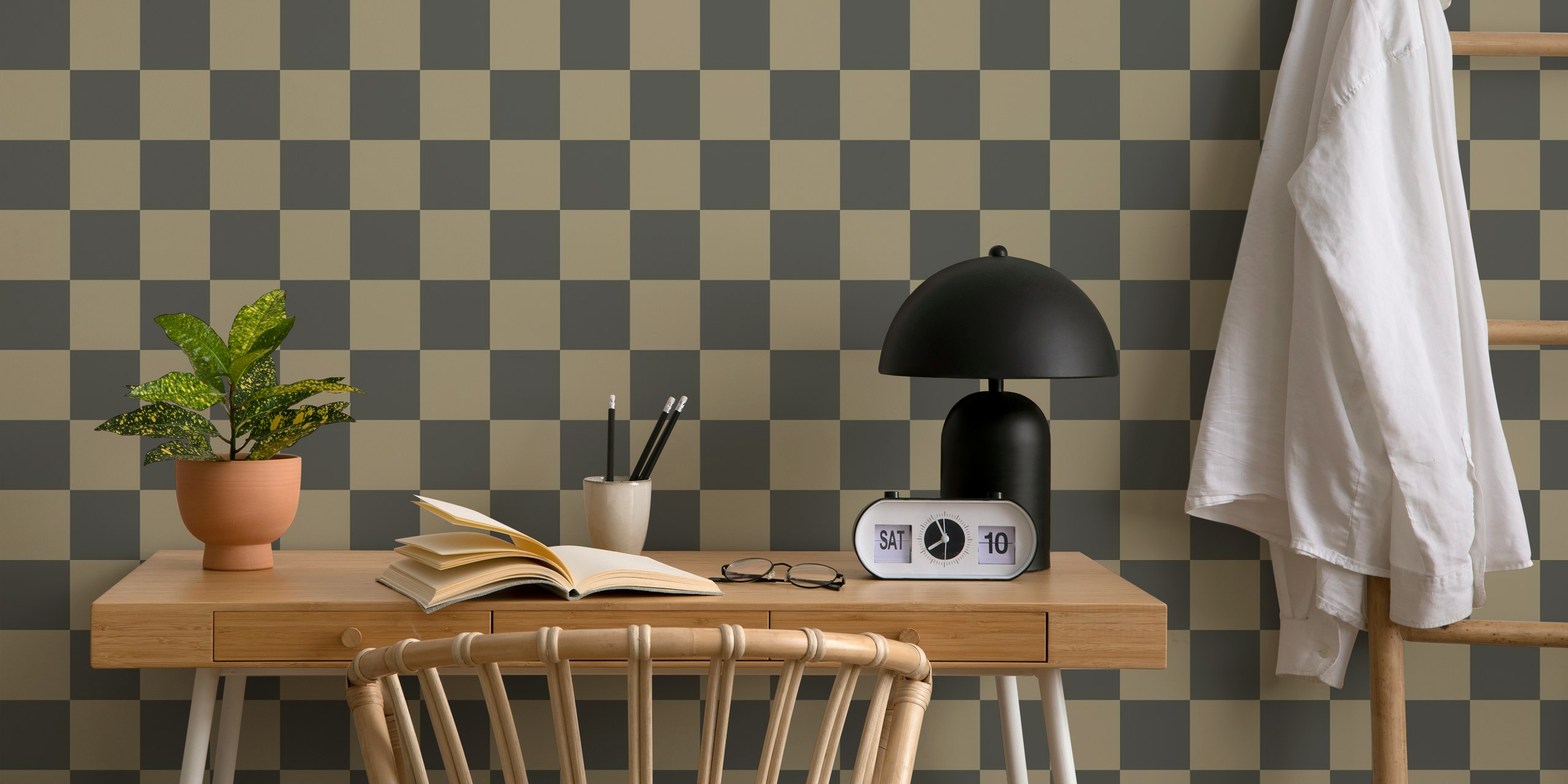 Dark Sand Checkerboard wallpaper in a room