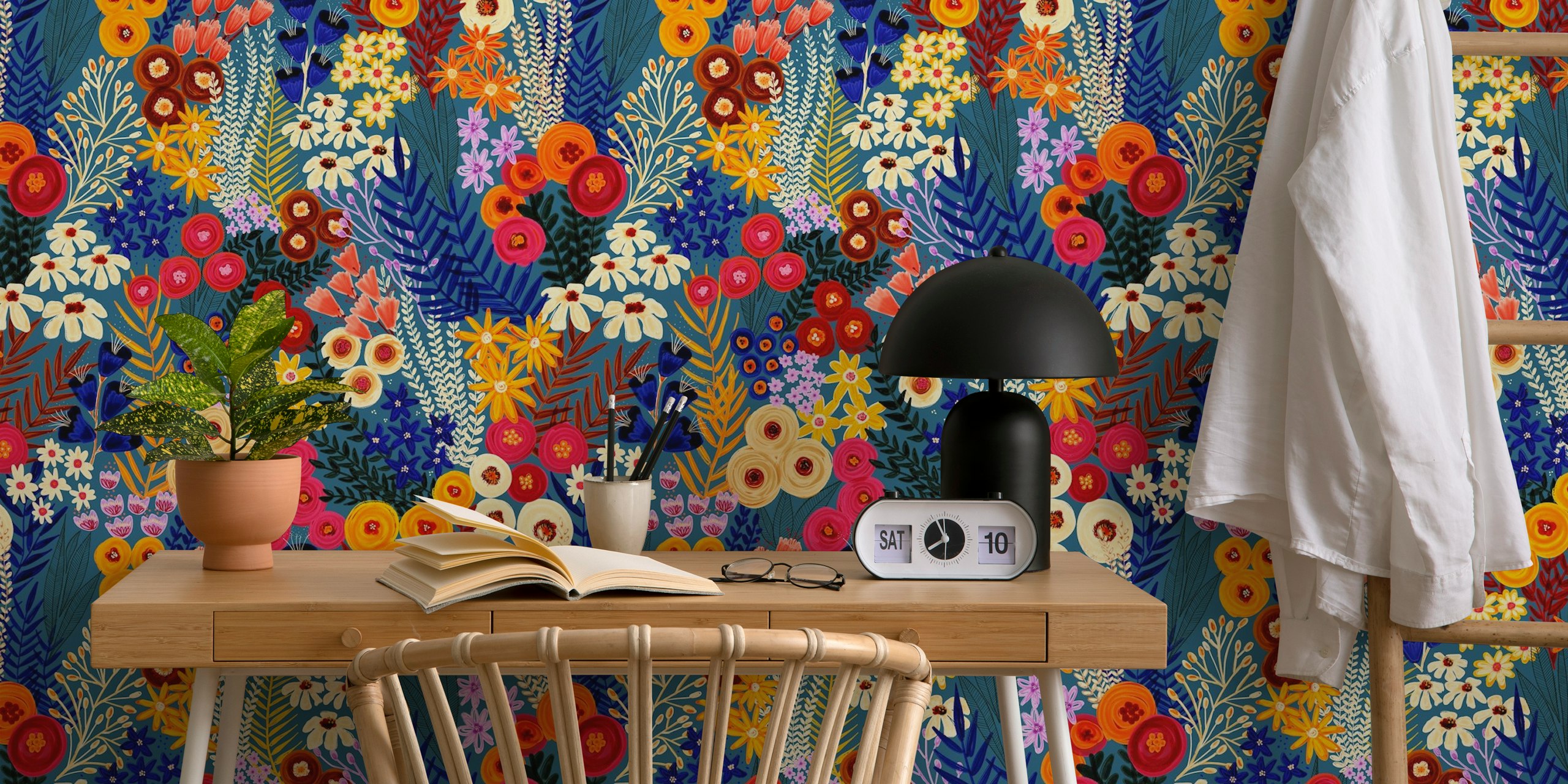 Colorful floral patterns in vibrant hues of red, pink, yellow, and blue wallpaper