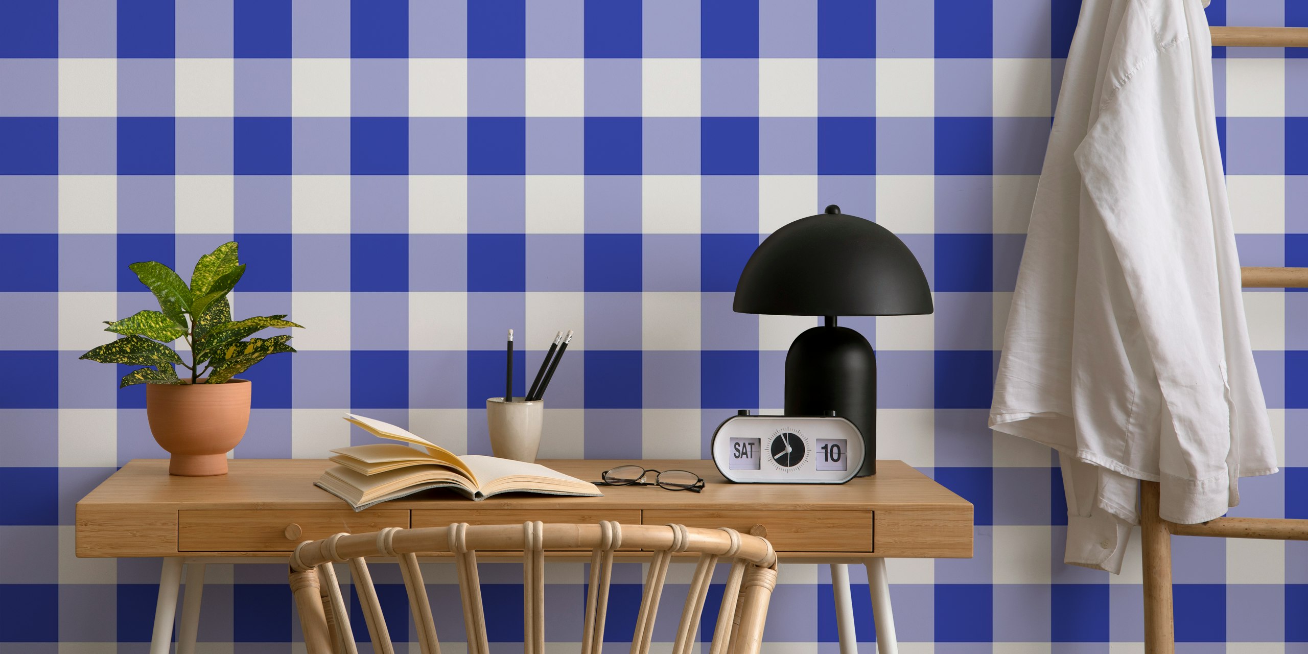 Blue gingham wallpaper in a room