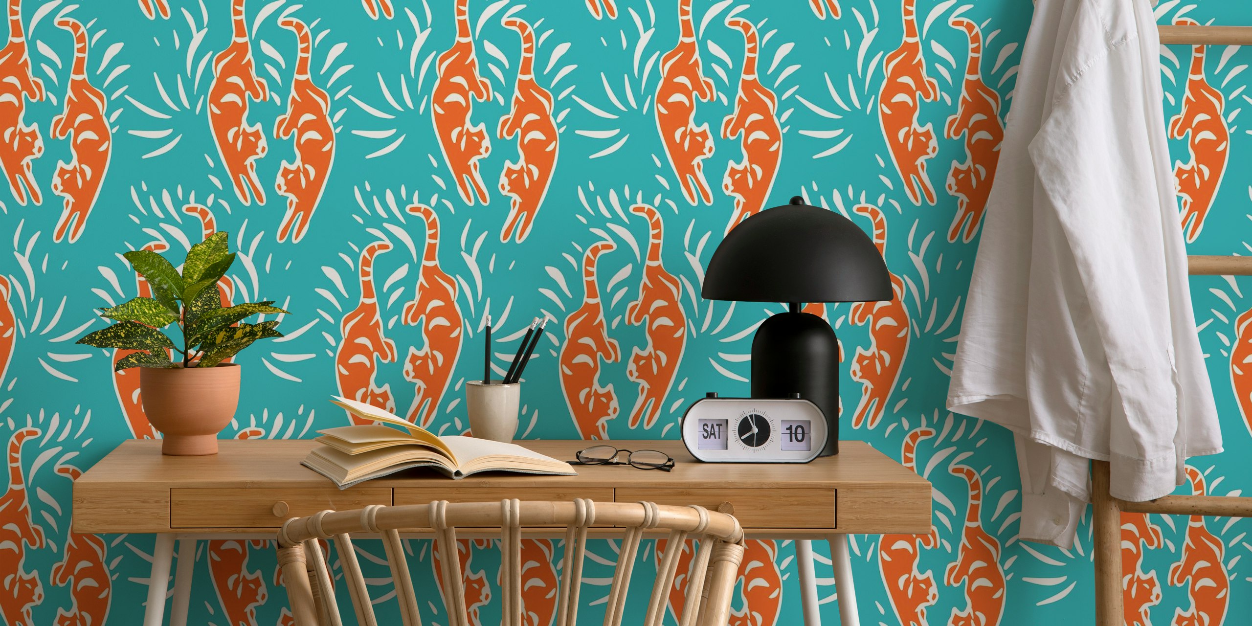 Kitschy Red Tigers wallpaper in a room