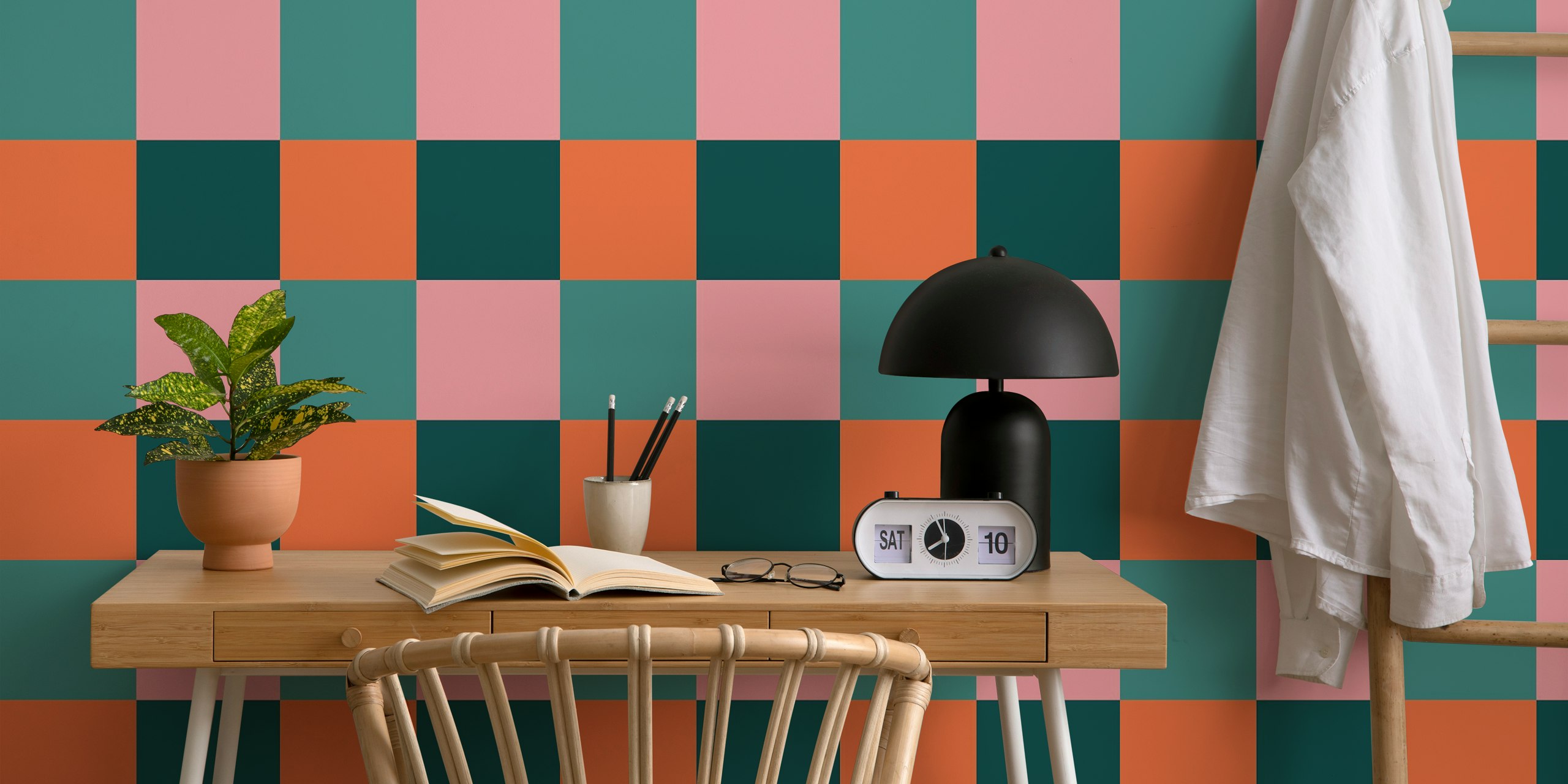 Color block check wallpaper in pink, orange, teal, and dark green