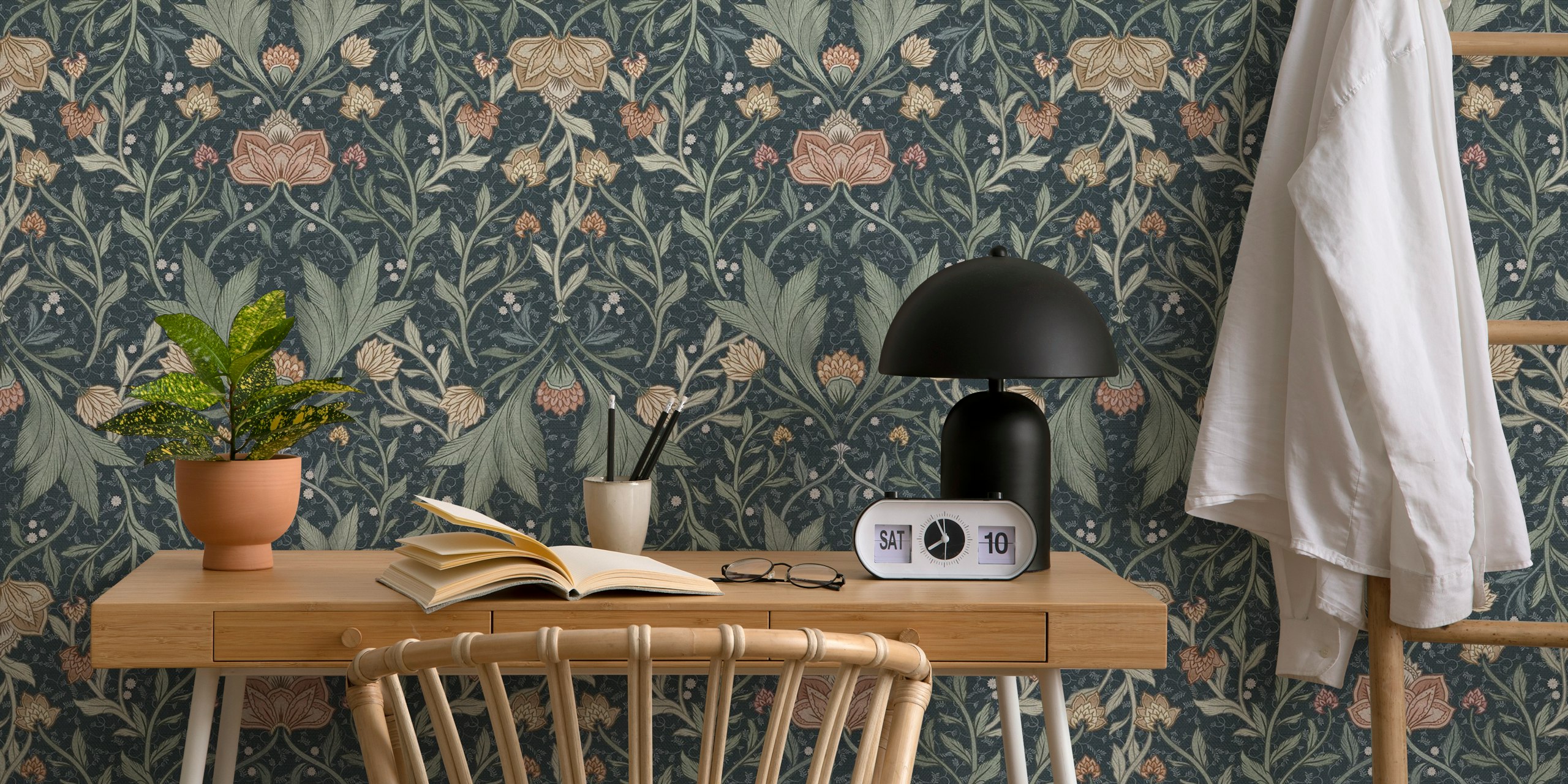 Morris Victorian floral damask wallpaper in a room
