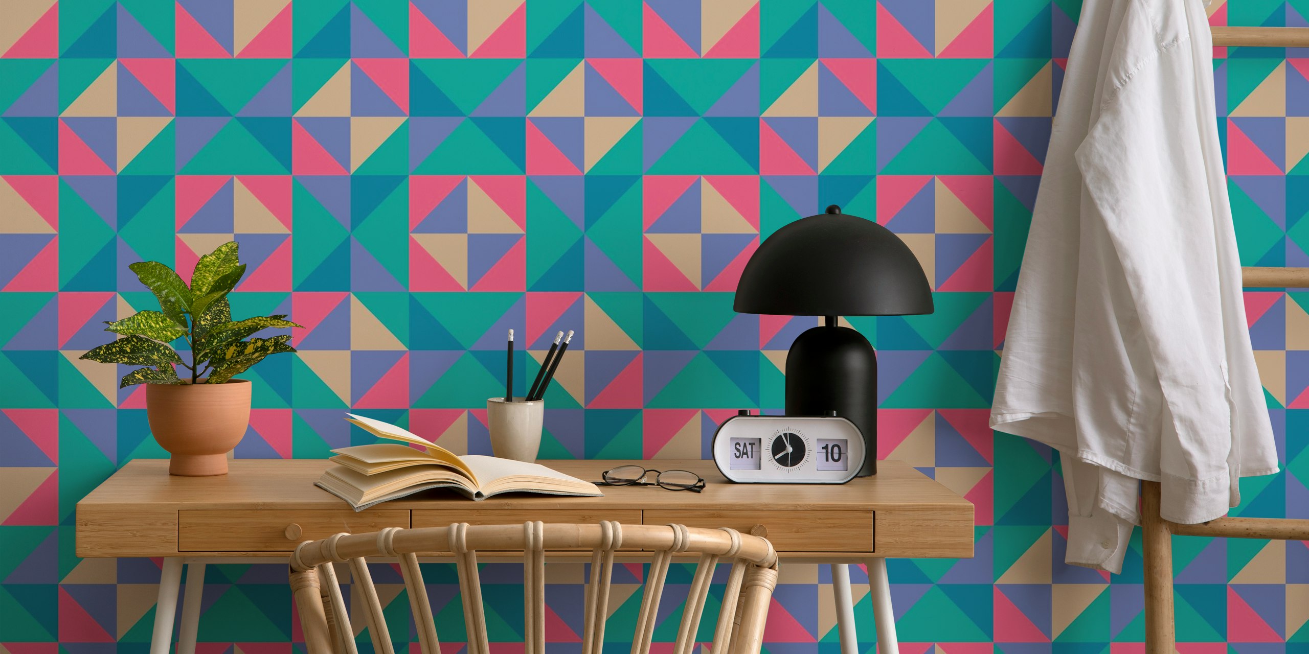 Geometric pattern in turquoise, pink, and beige colors wallpaper