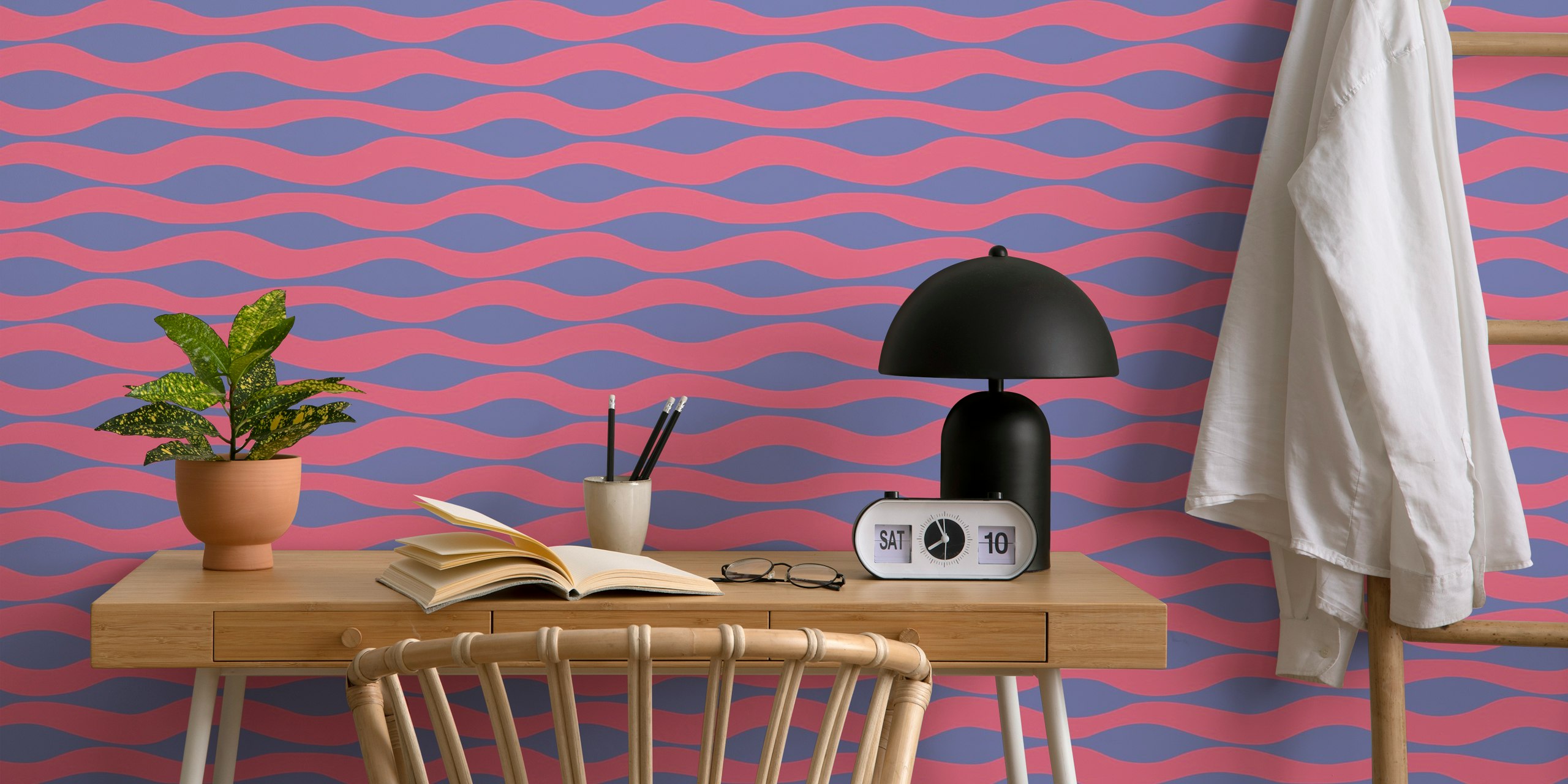 Abstract wavy stripes in pink and purple wallpaper