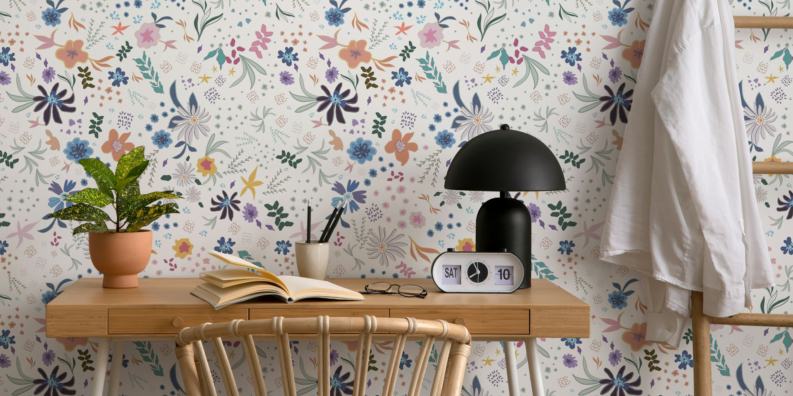 Colorful floral patterns on a white background wallpaper