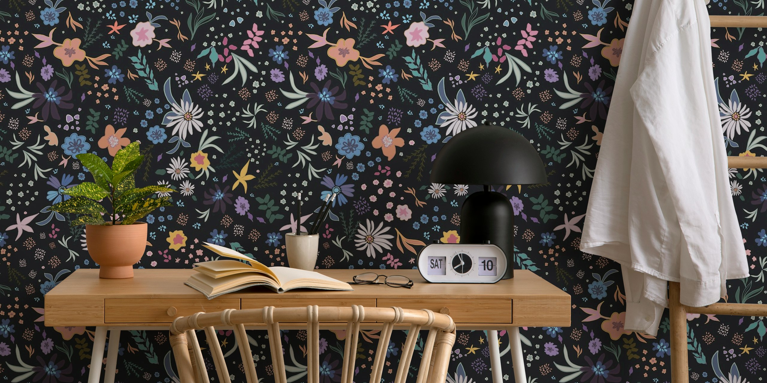 Fairy floral pattern dark wallpaper in a room
