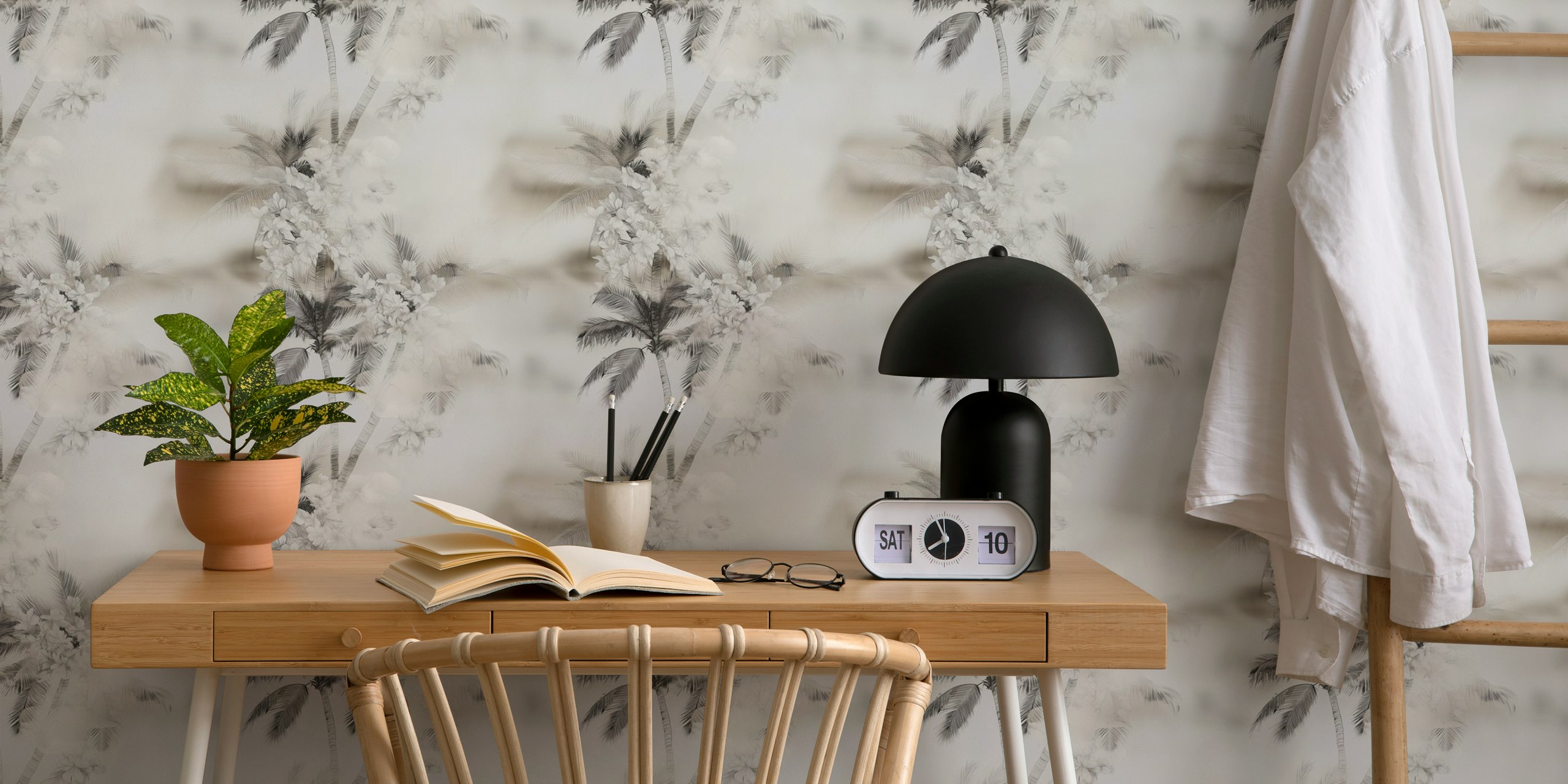 Floral and palm pattern in soft cream tones wallpaper