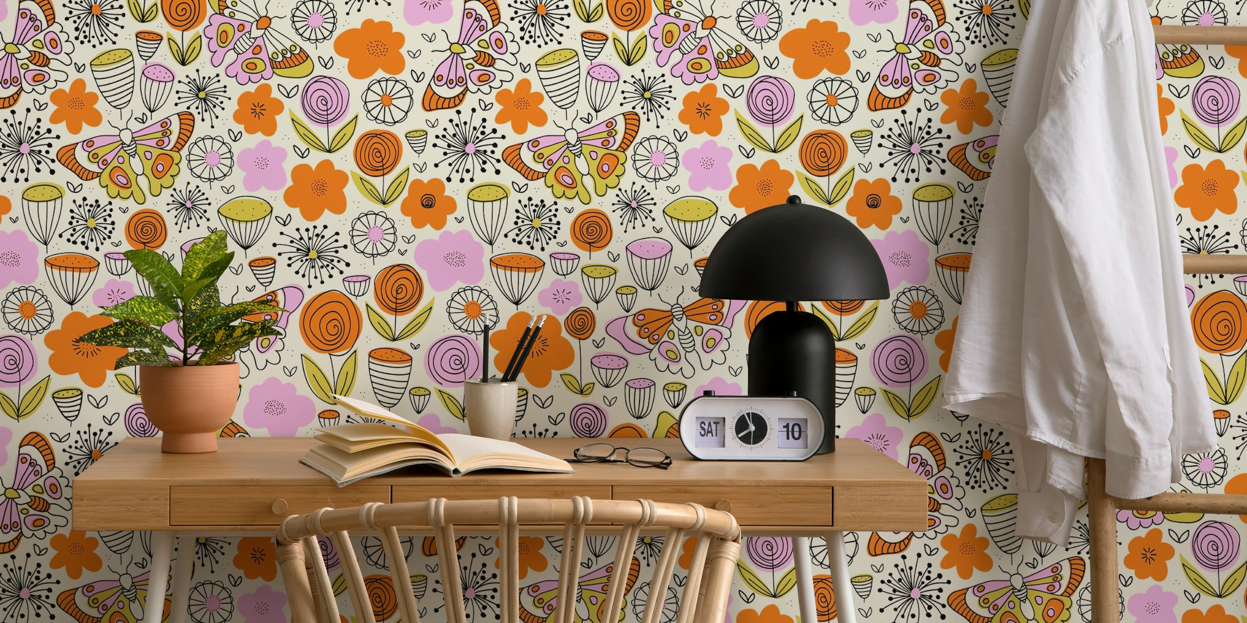 Tapet med Butterflies in the Garden Doodle Line Art