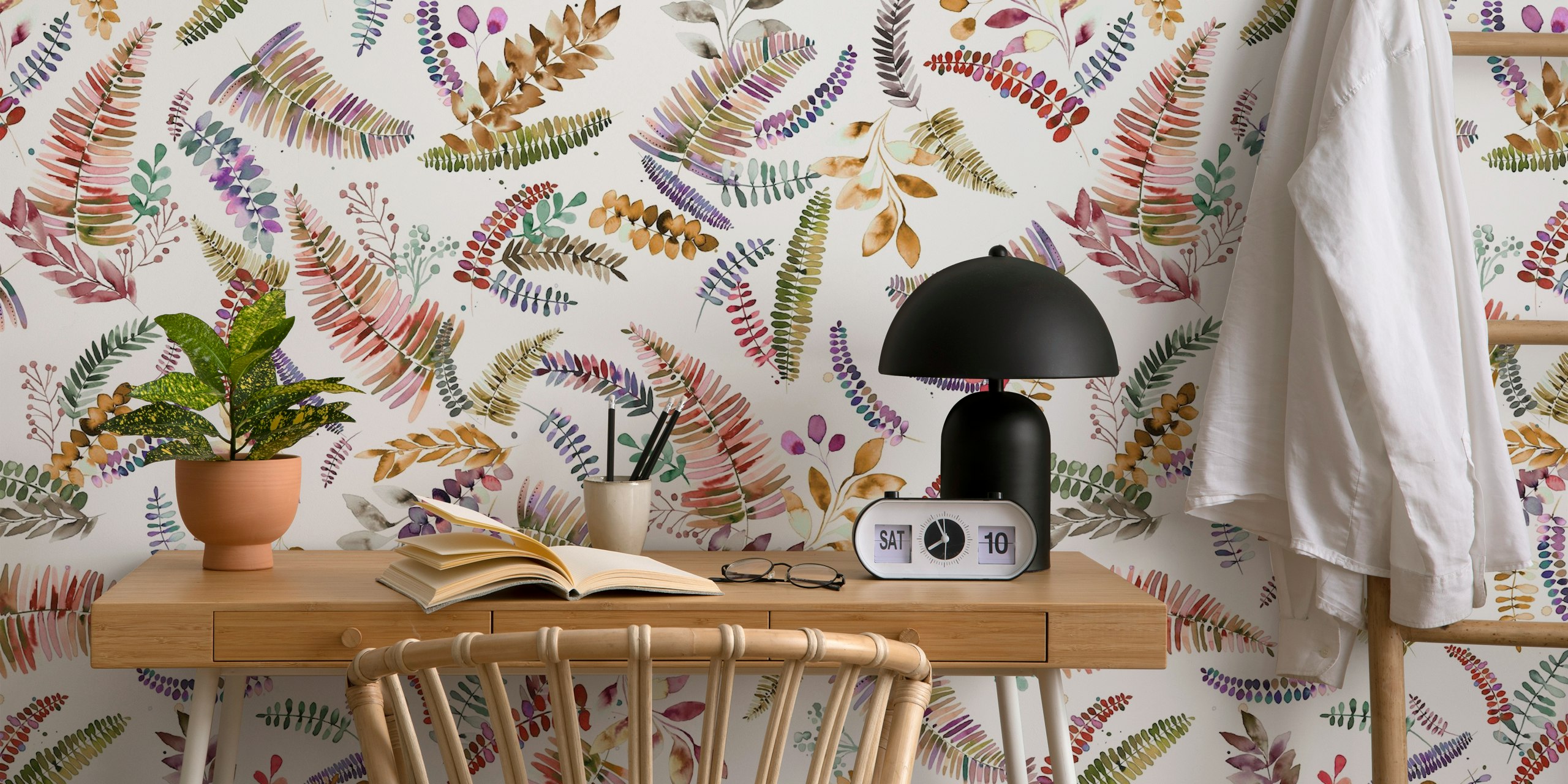 Colorful fern leaves in shades of purple and green wallpaper