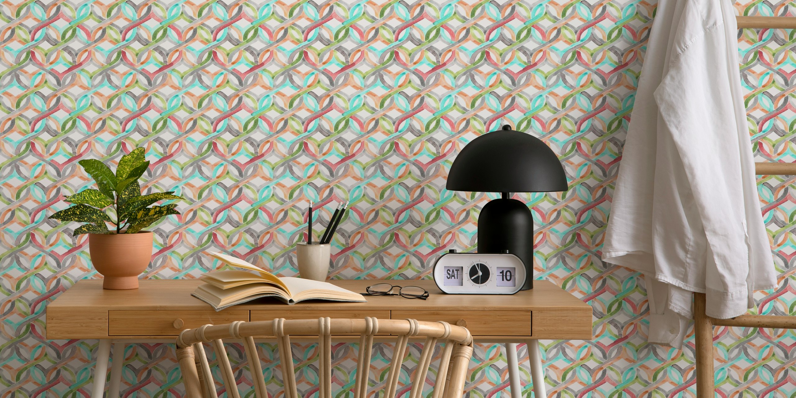 Colorful geometric pattern with loops and chains wallpaper