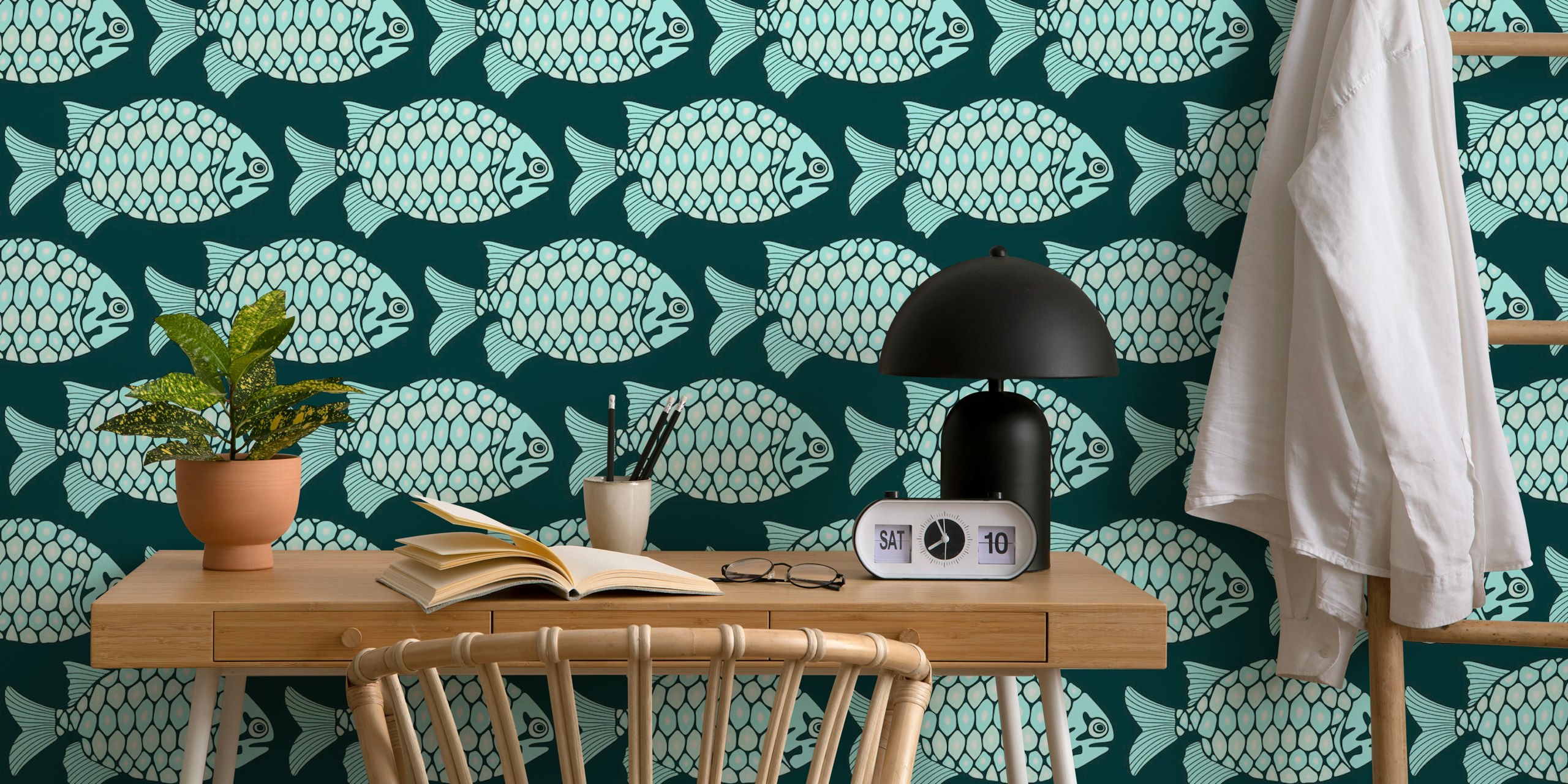 Tropical fish pattern in aqua and teal colors wallpaper