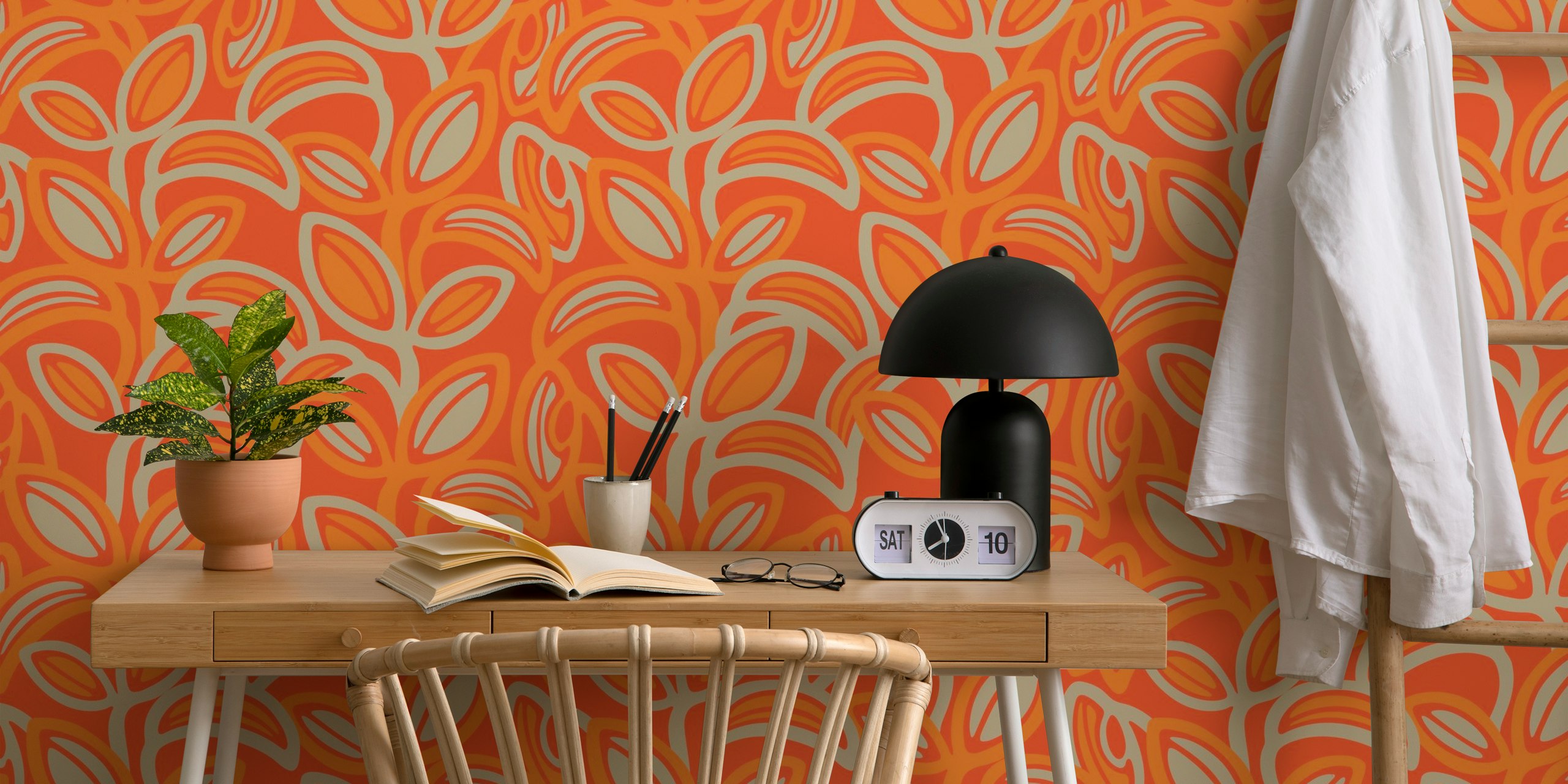 Colorful retro leaves pattern in orange and beige wallpaper
