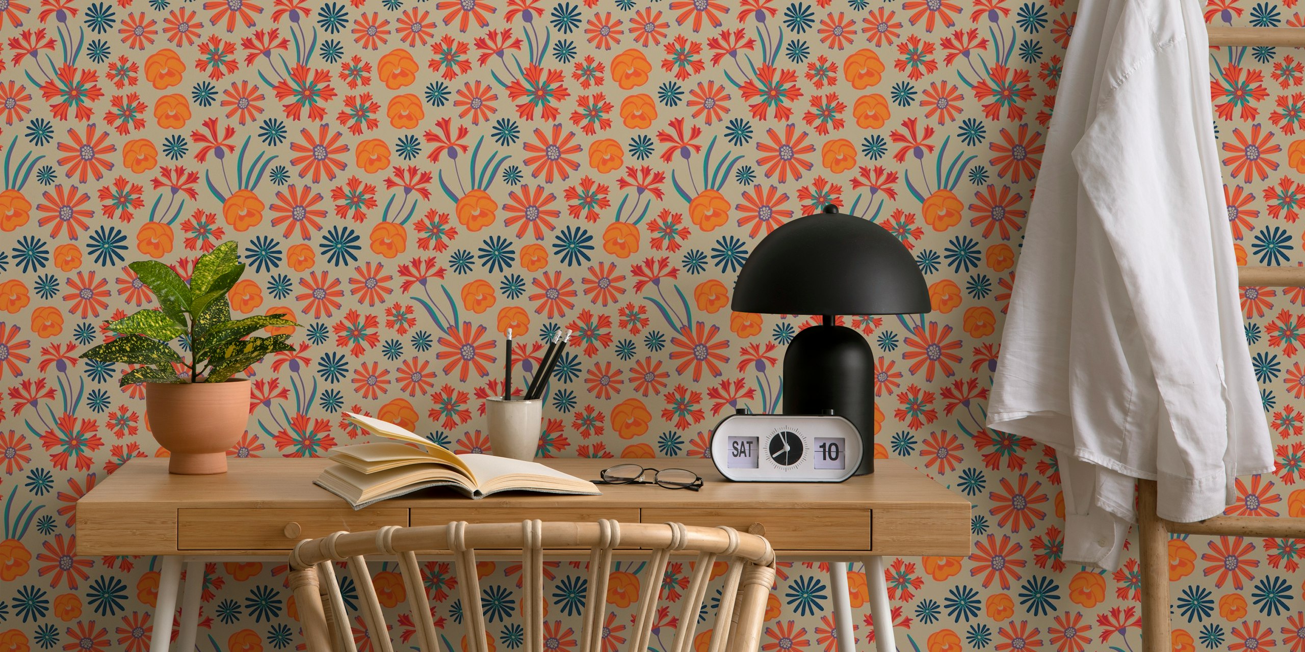 Colorful orange floral pattern wallpaper with blue accents