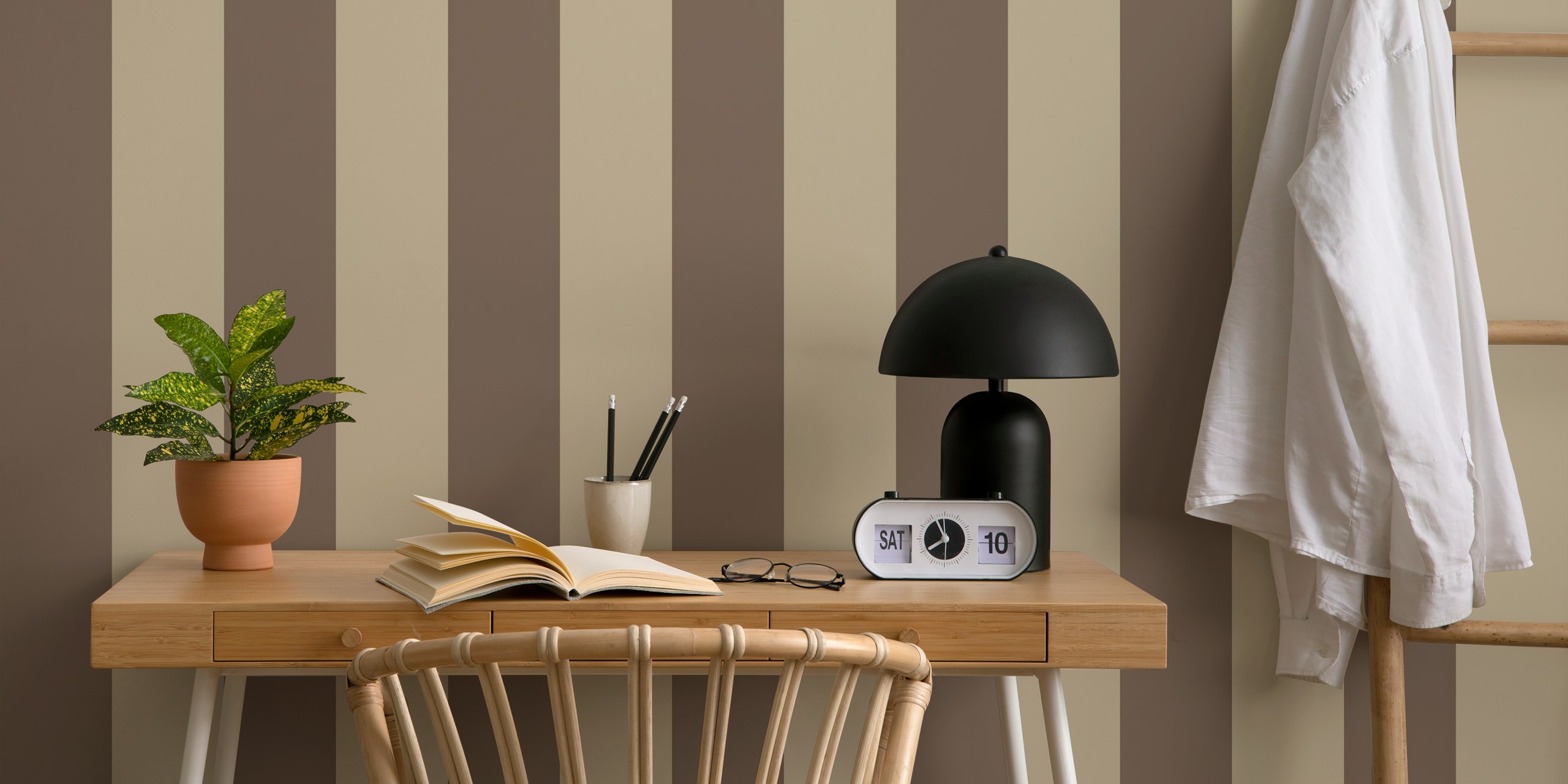 Brown and beige striped wallpaper design in Scandinavian style