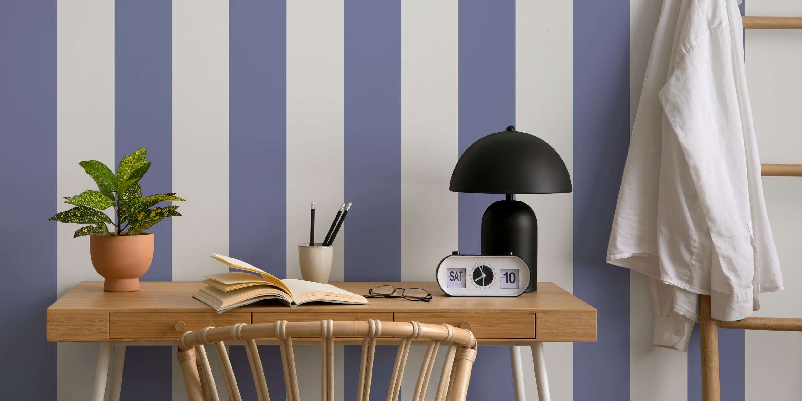 Purple and gray striped wallpaper in Scandinavian style