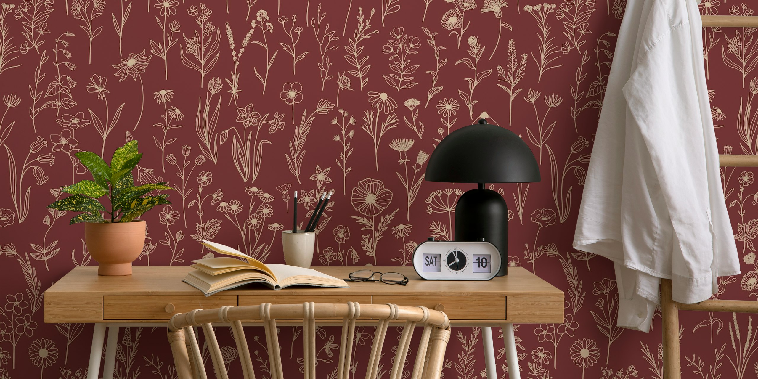 Burgundy floral pattern wallpaper with delicate line drawings