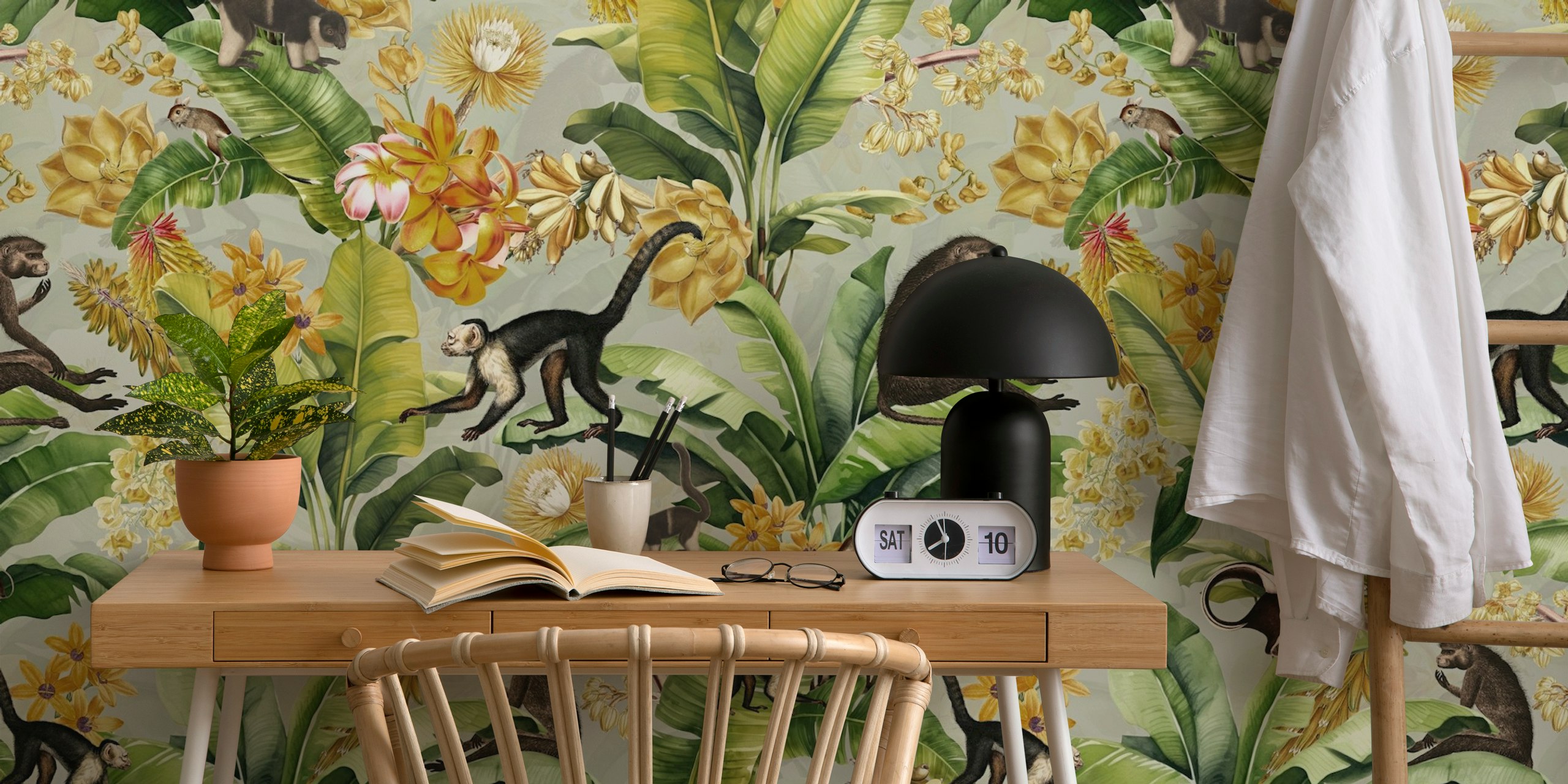 Vintage monkey wallpaper in a tropical setting