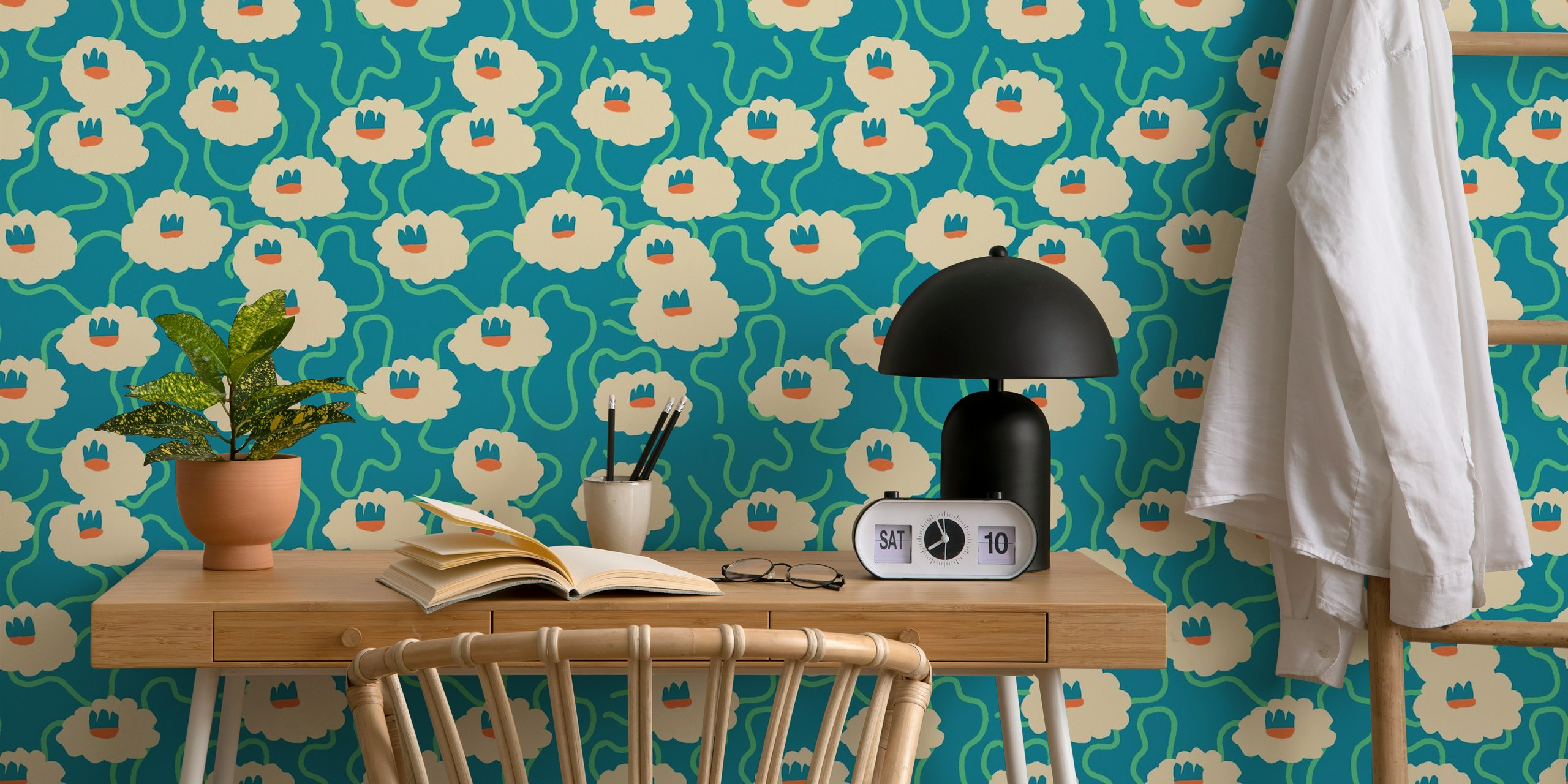 Groovy Garden green-blue wallpaper in a room