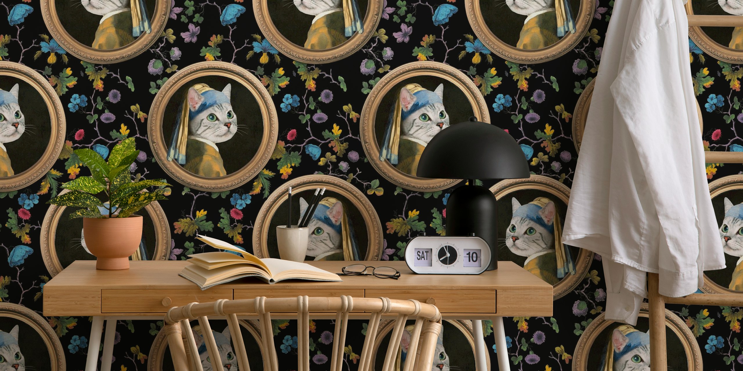 Cat with pearl earring wallpaper in a room