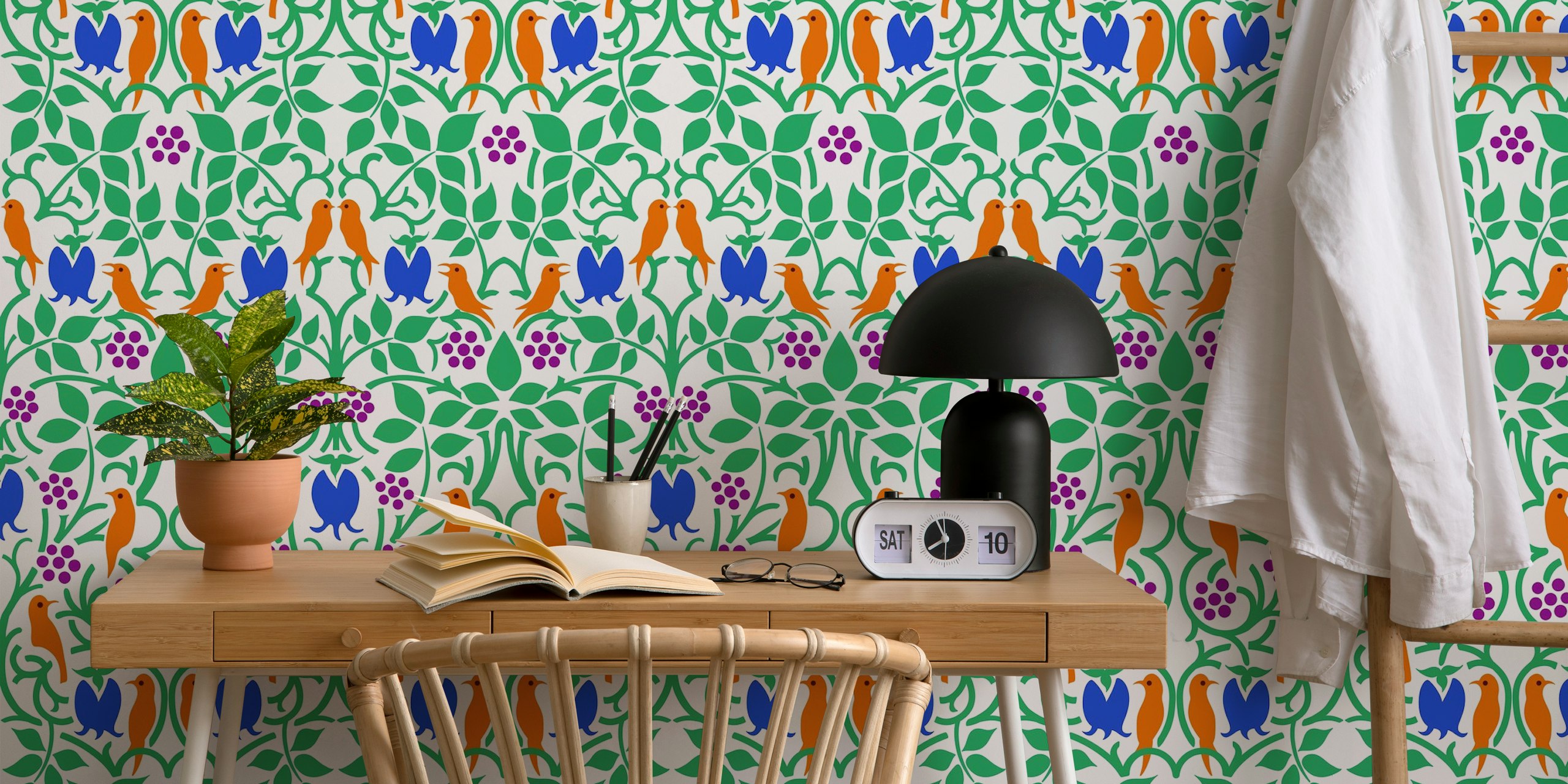 Colorful birds and berry patterns on white background wallpaper