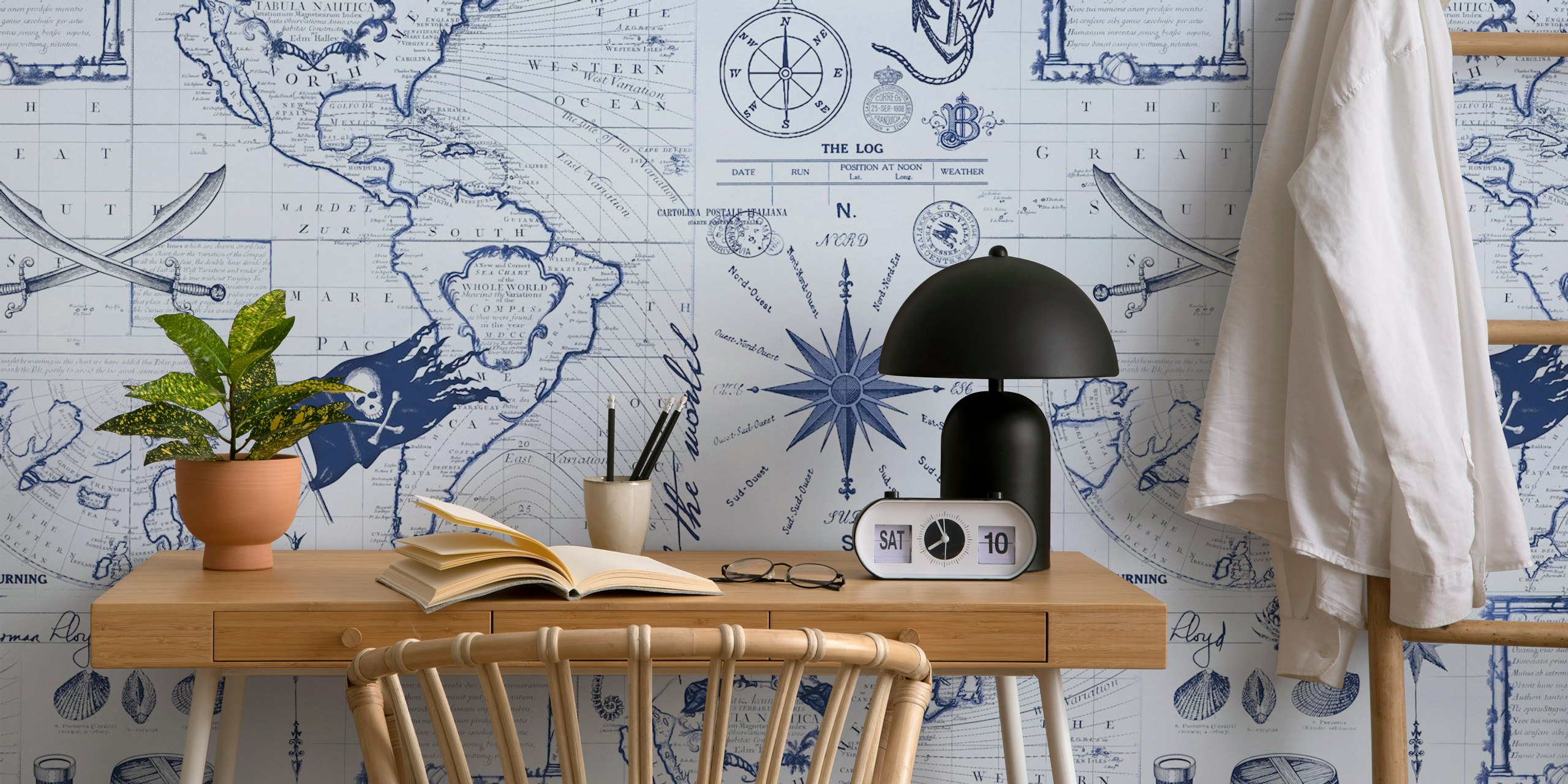 Nautical pirate map design with navy blue and white elements wallpaper