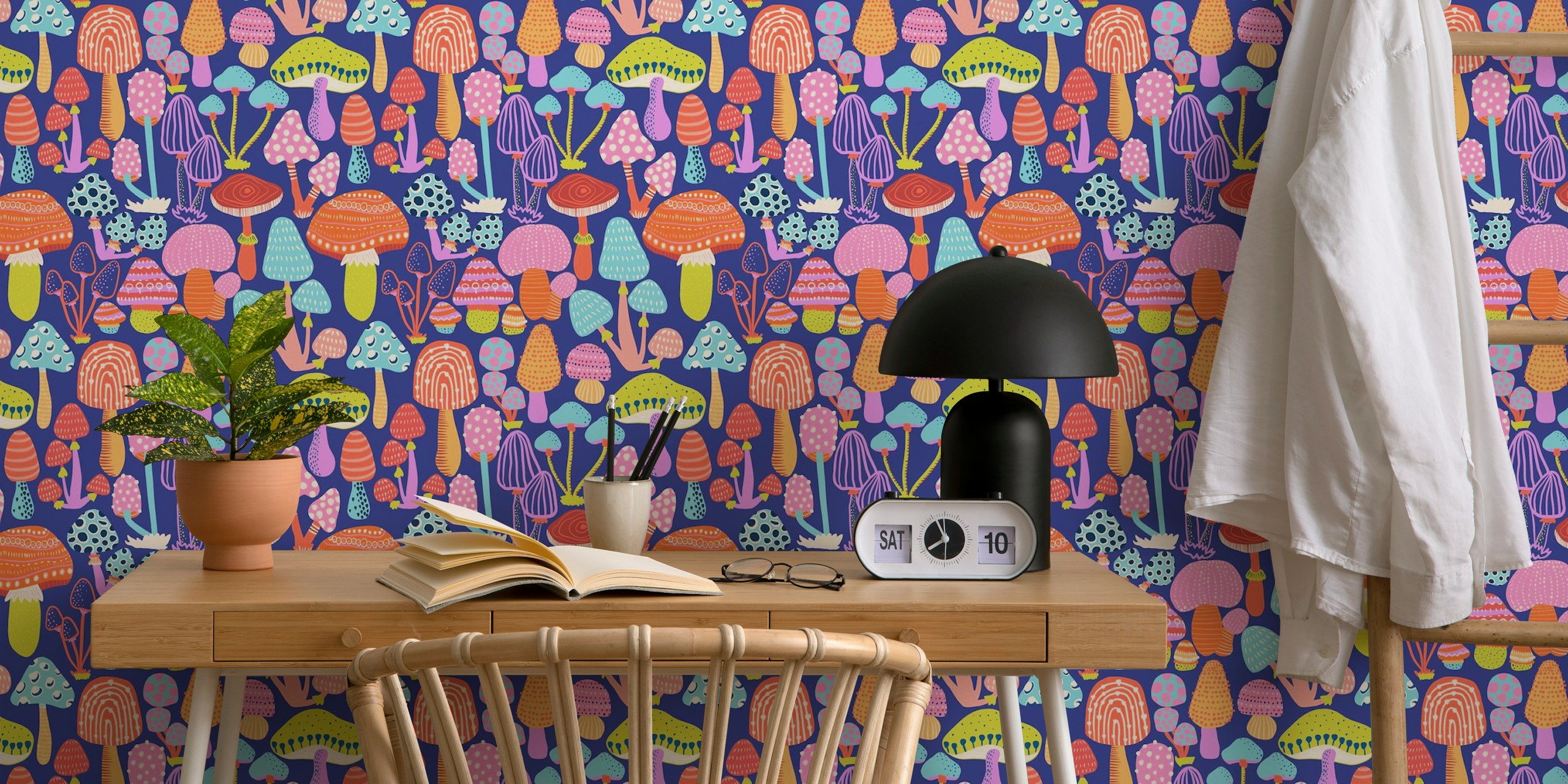 Colorful mushroom wallpaper in a room