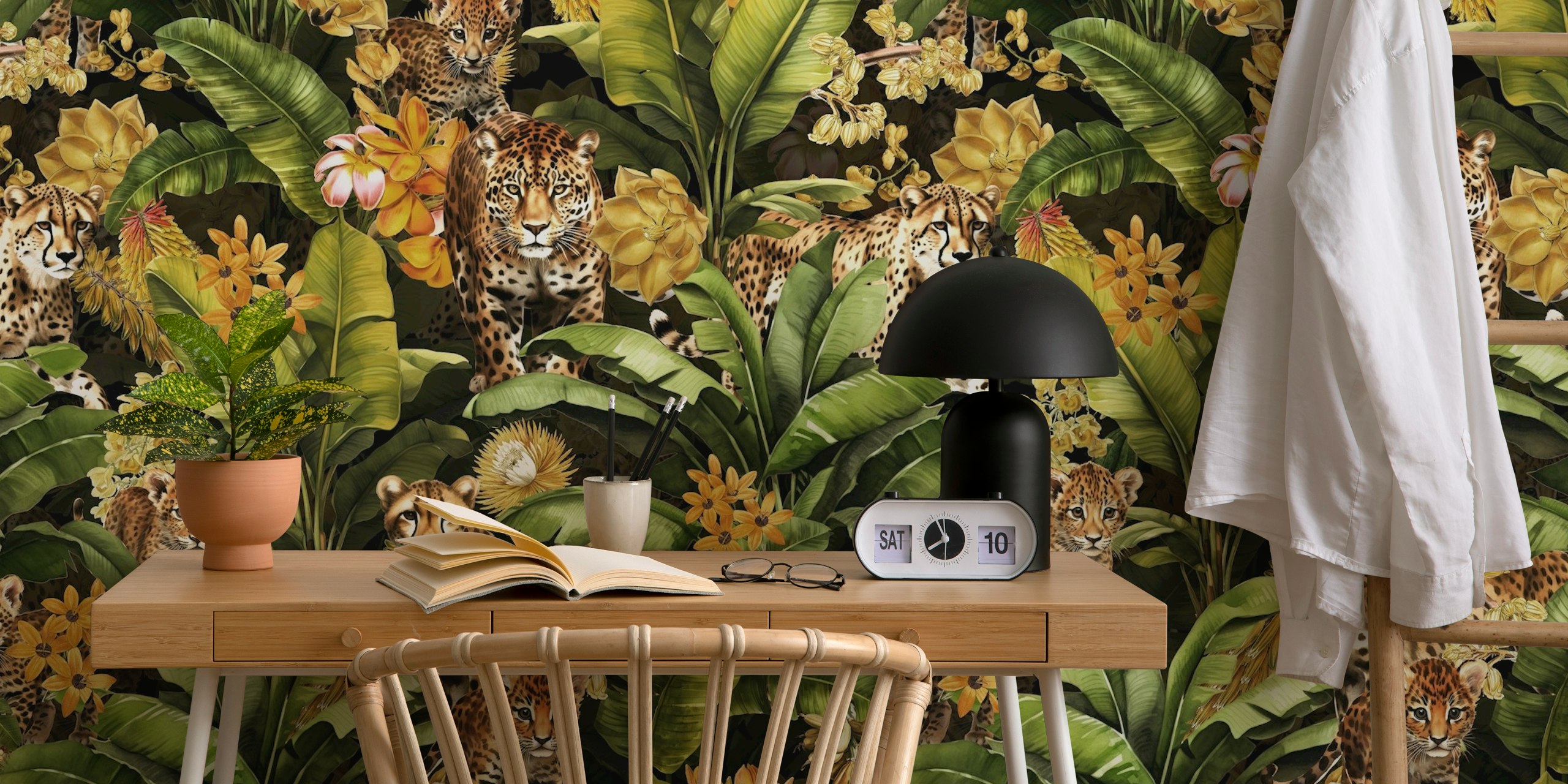 Tropical animals and foliage in vibrant colors wallpaper
