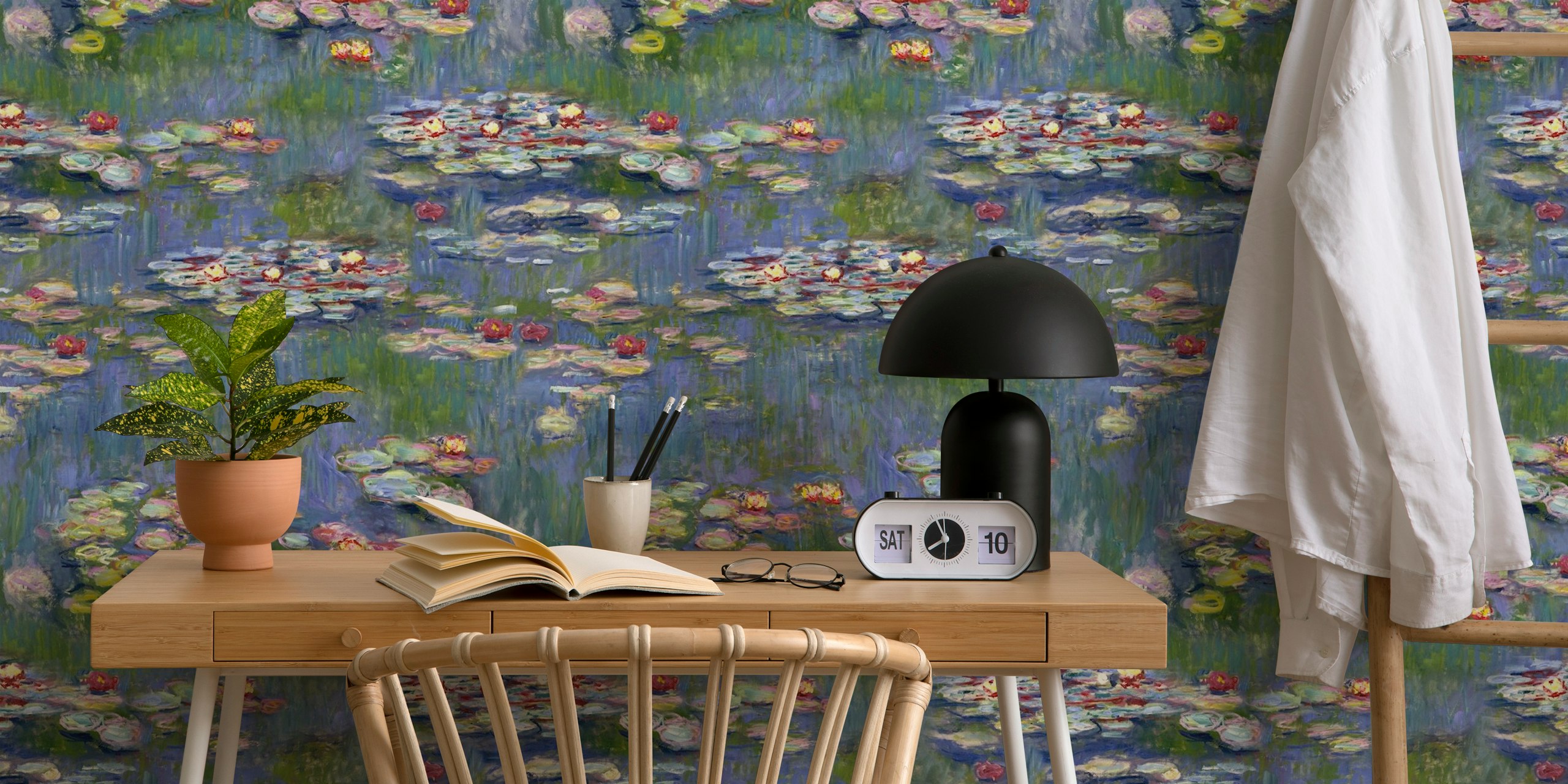 Monet water lily pond in shades of blue and green wallpaper