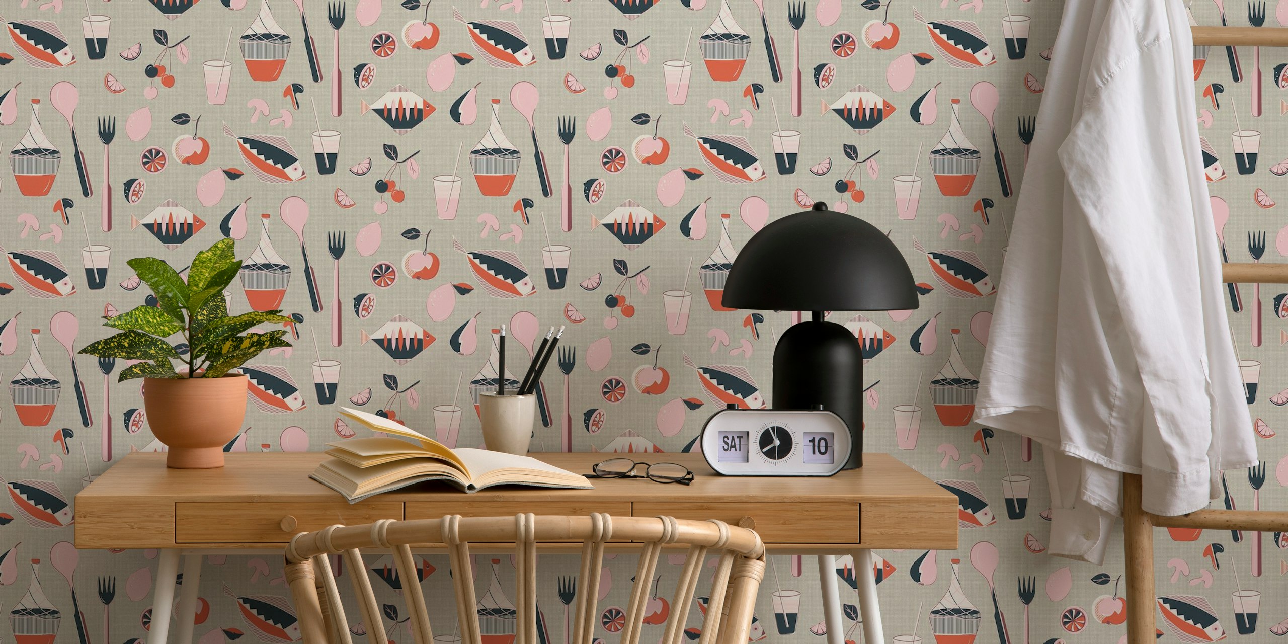 Mid century picnic wallpaper design in room