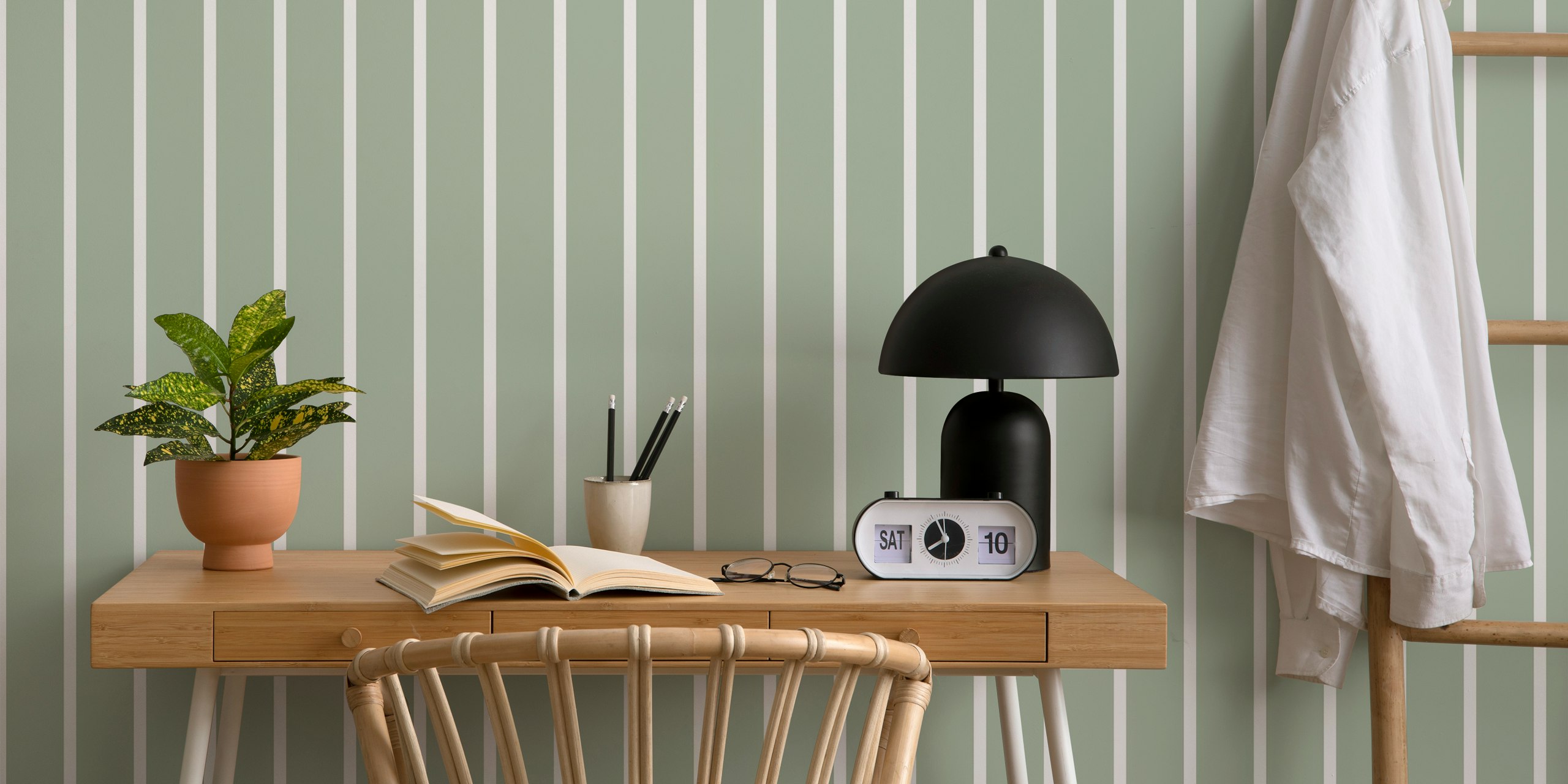Sage green and beige vertical stripes wallpaper
