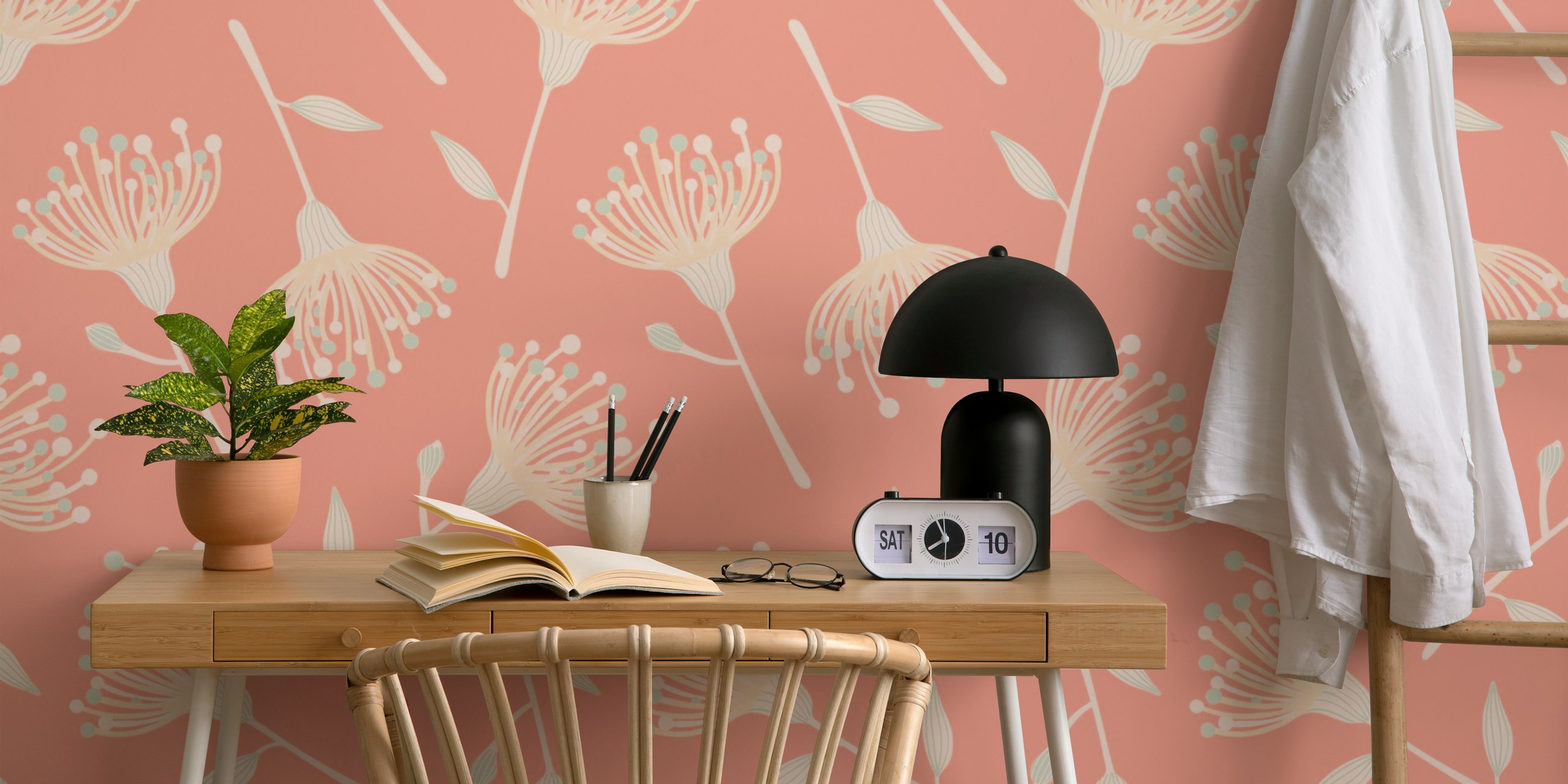 Eucalyptus floral wallpaper in a room