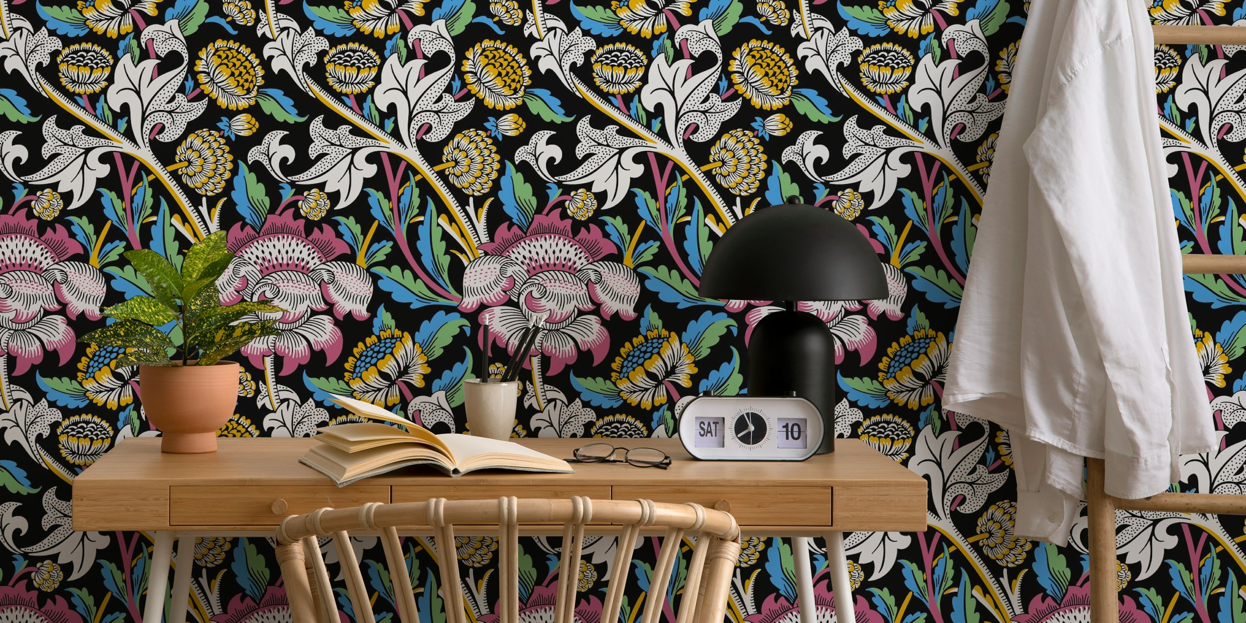 Colorful floral pattern on a black background wallpaper