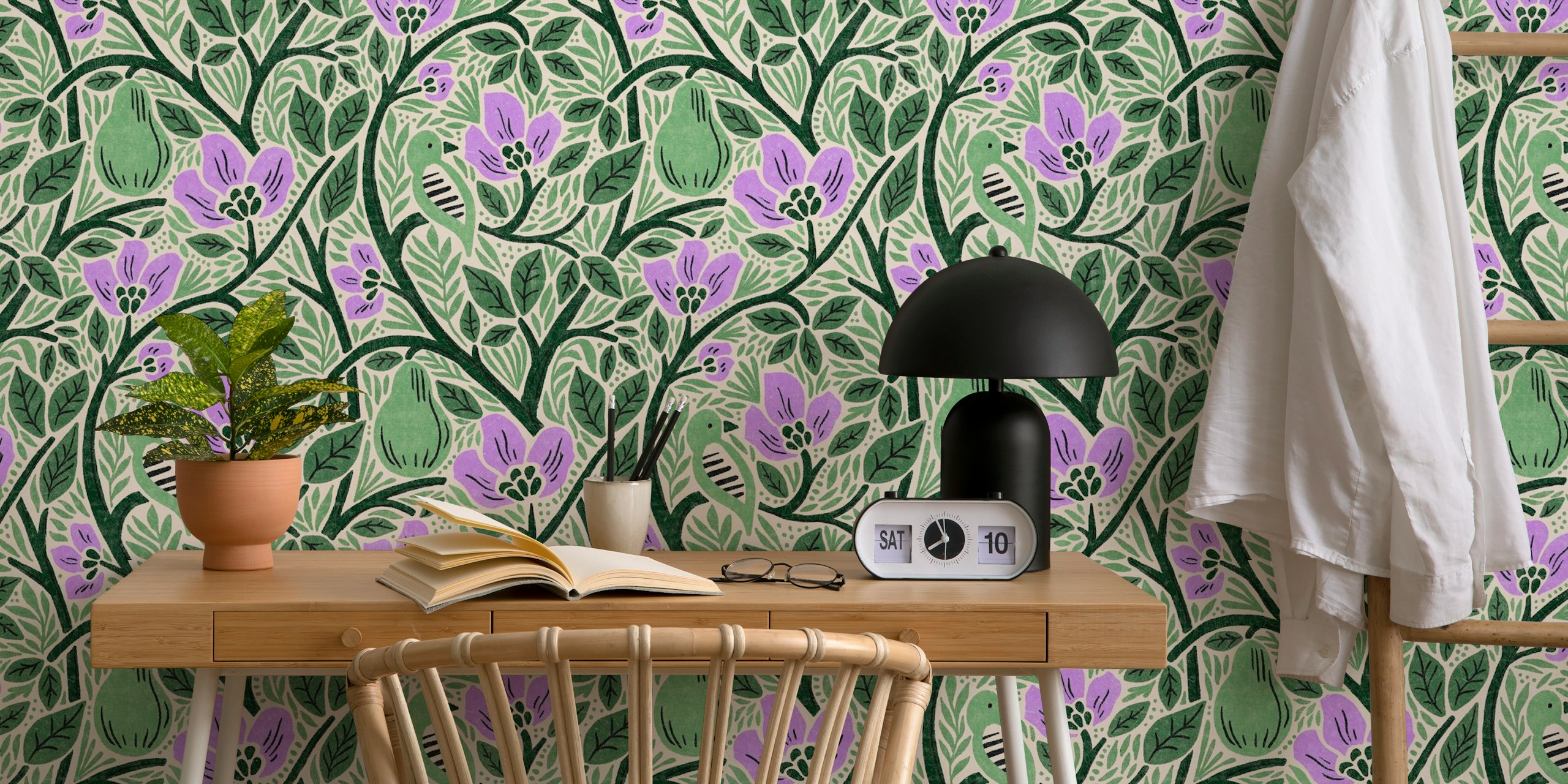 Floral pattern with green leaves, purple flowers, and birds wallpaper