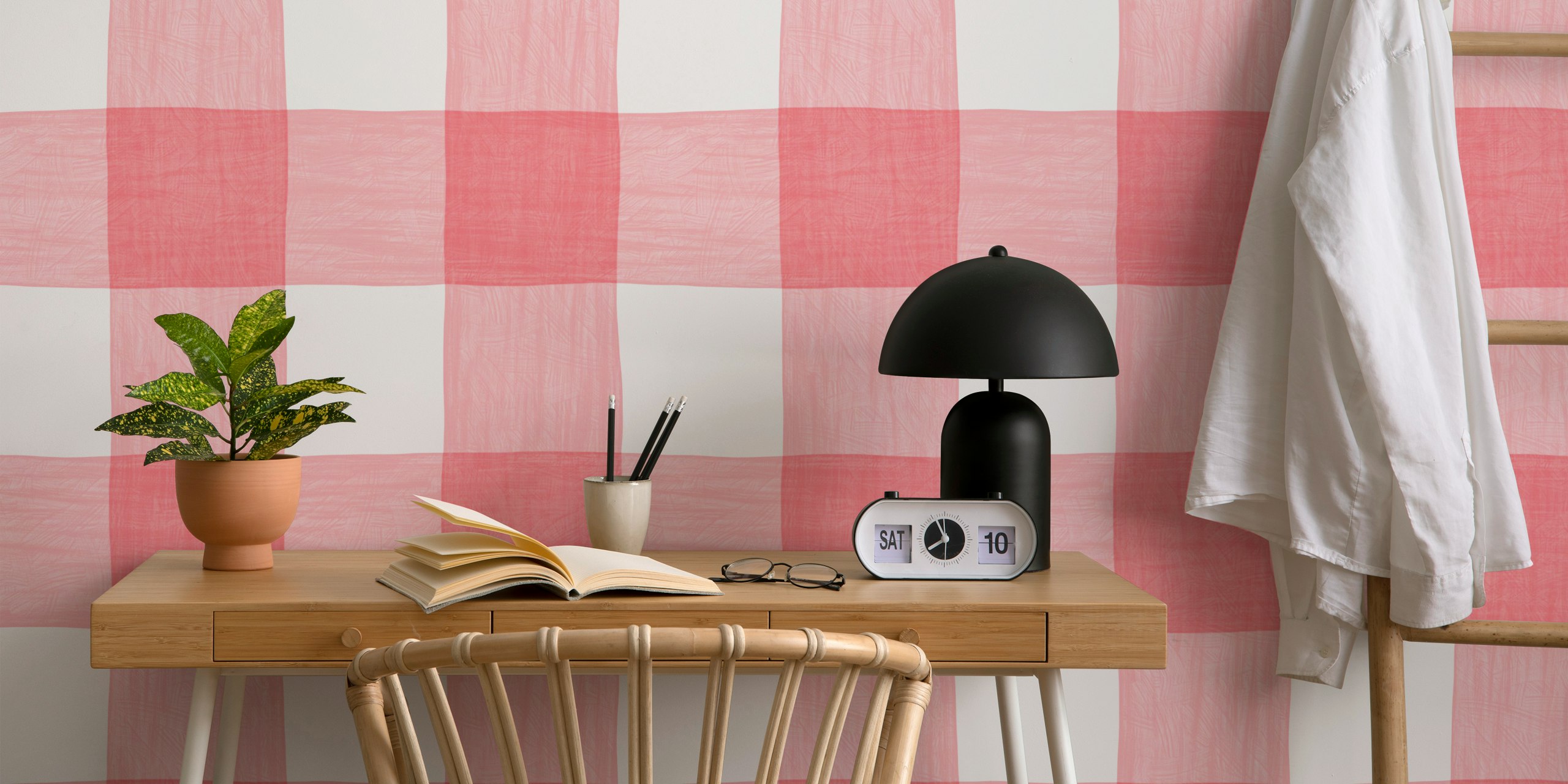 Pink gingham checkered pattern wallpaper in a hand-painted style