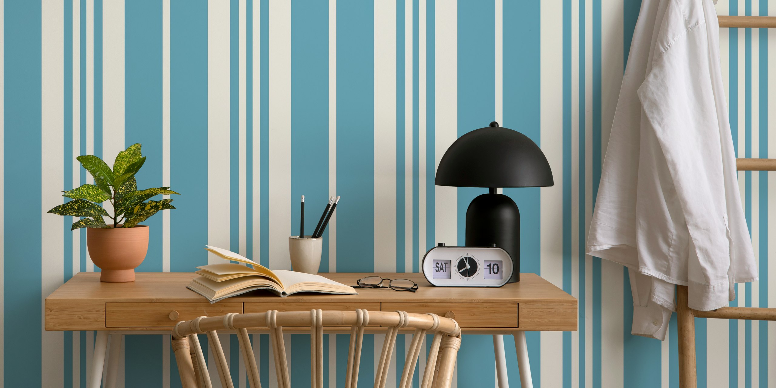 Classic vintage blue stripes wallpaper in a room