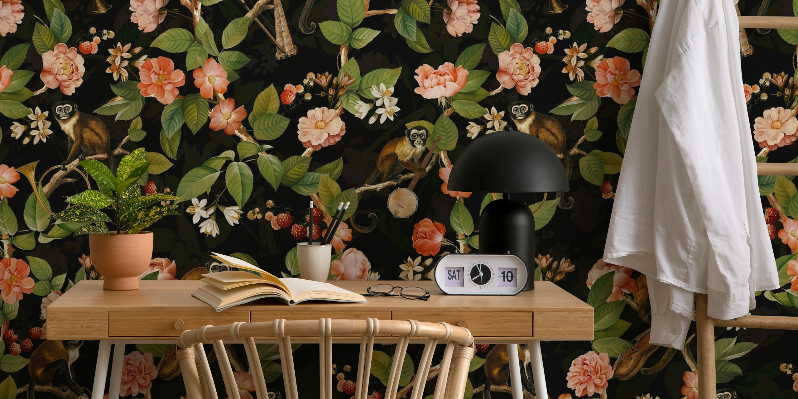 Monkey Band In Flower Chinoiserie Jungle projekt tapety