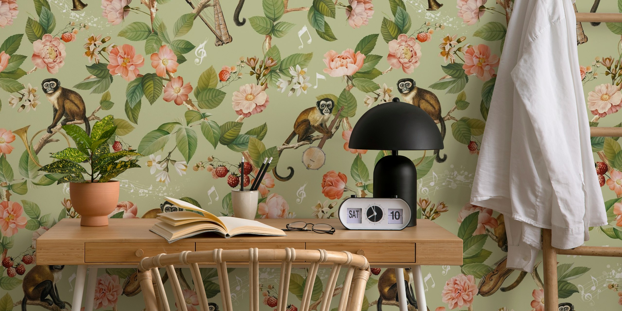 Papel de parede Monkey Band em um design de selva floral