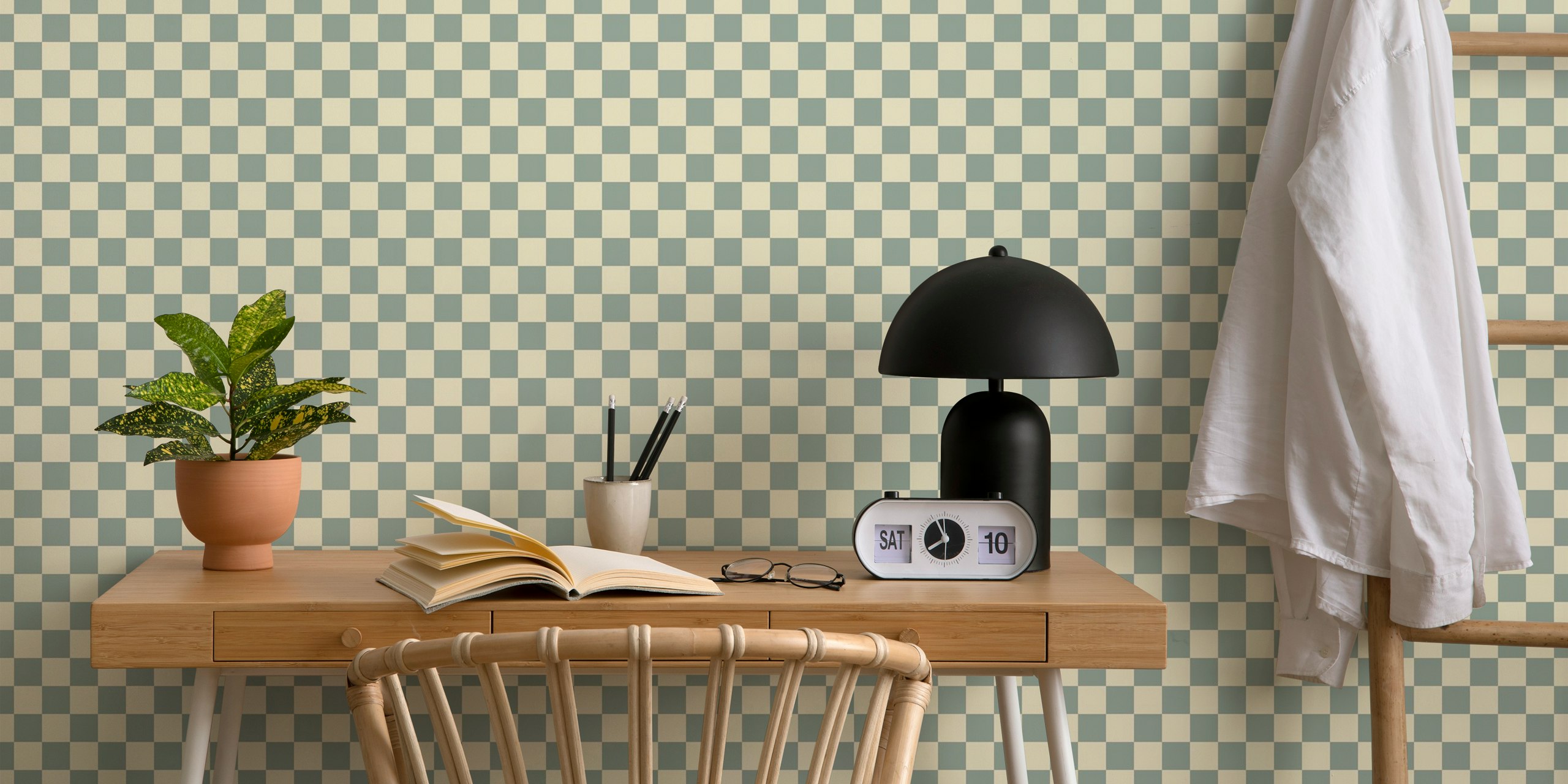 Plaid pattern in blue and beige tones wallpaper