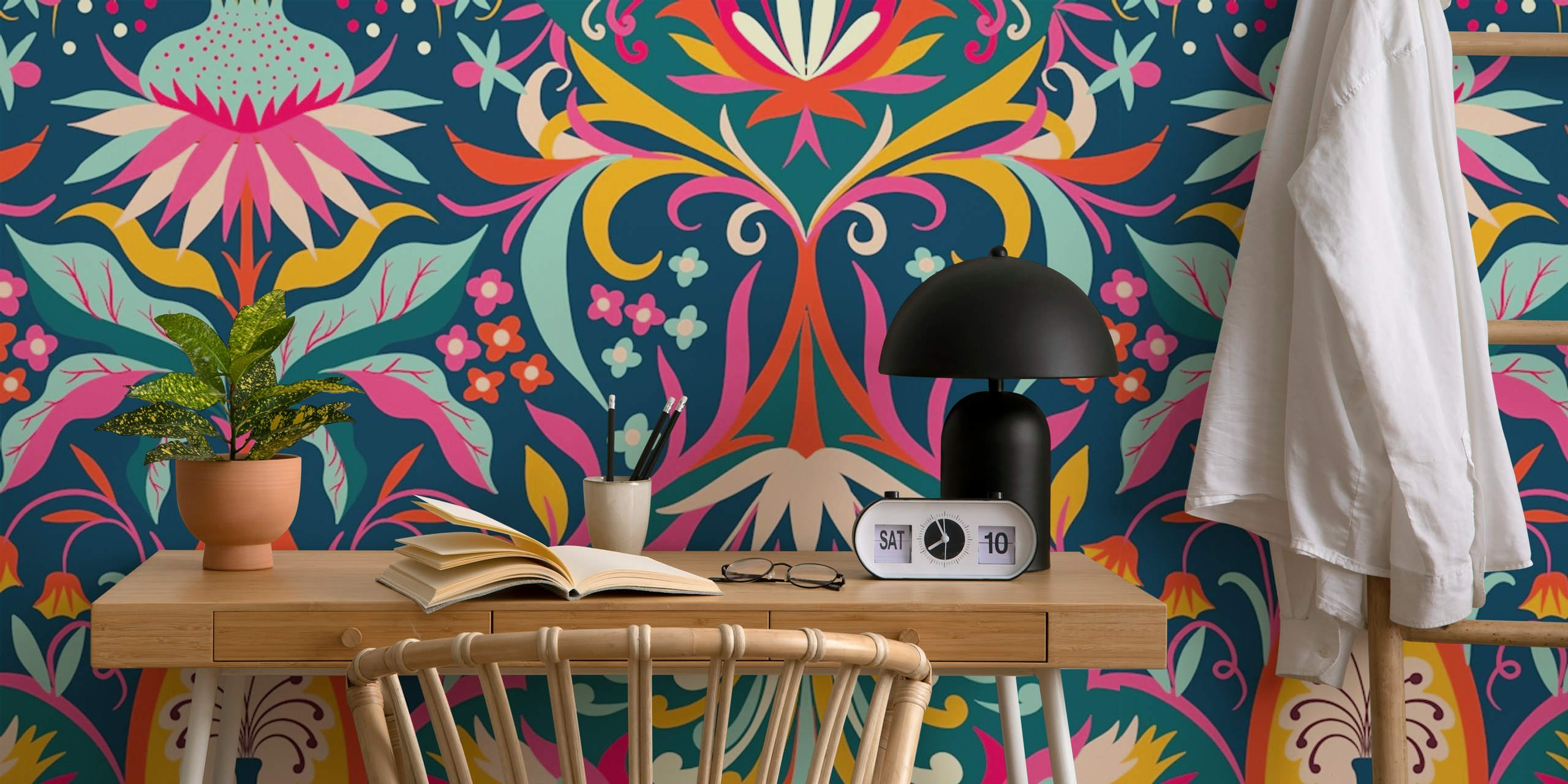 Colorful floral damask wallpaper featuring vibrant patterns in blue, pink, and yellow