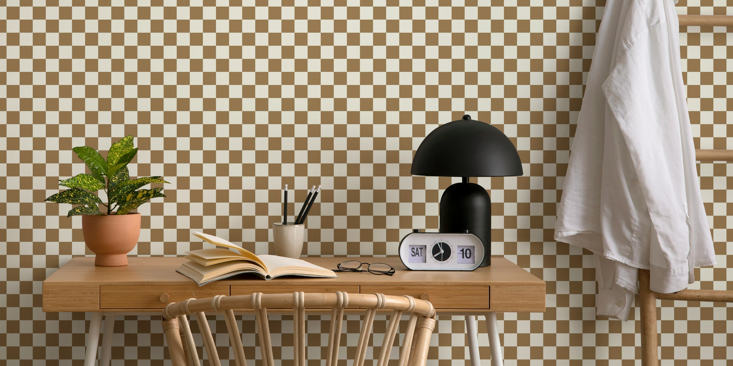 Brown and beige check plaid pattern wallpaper