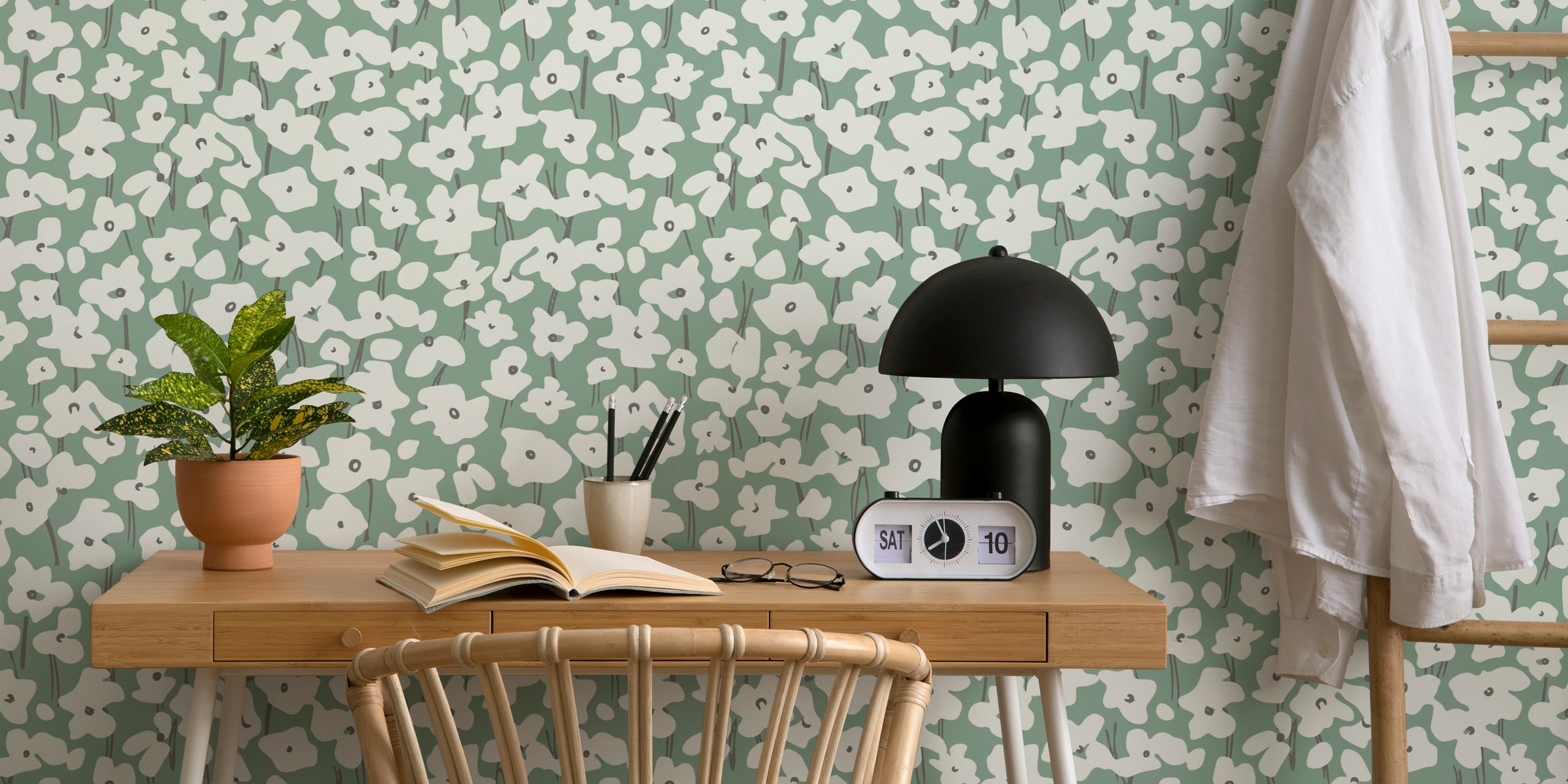 Sage green background with white floral pattern wallpaper