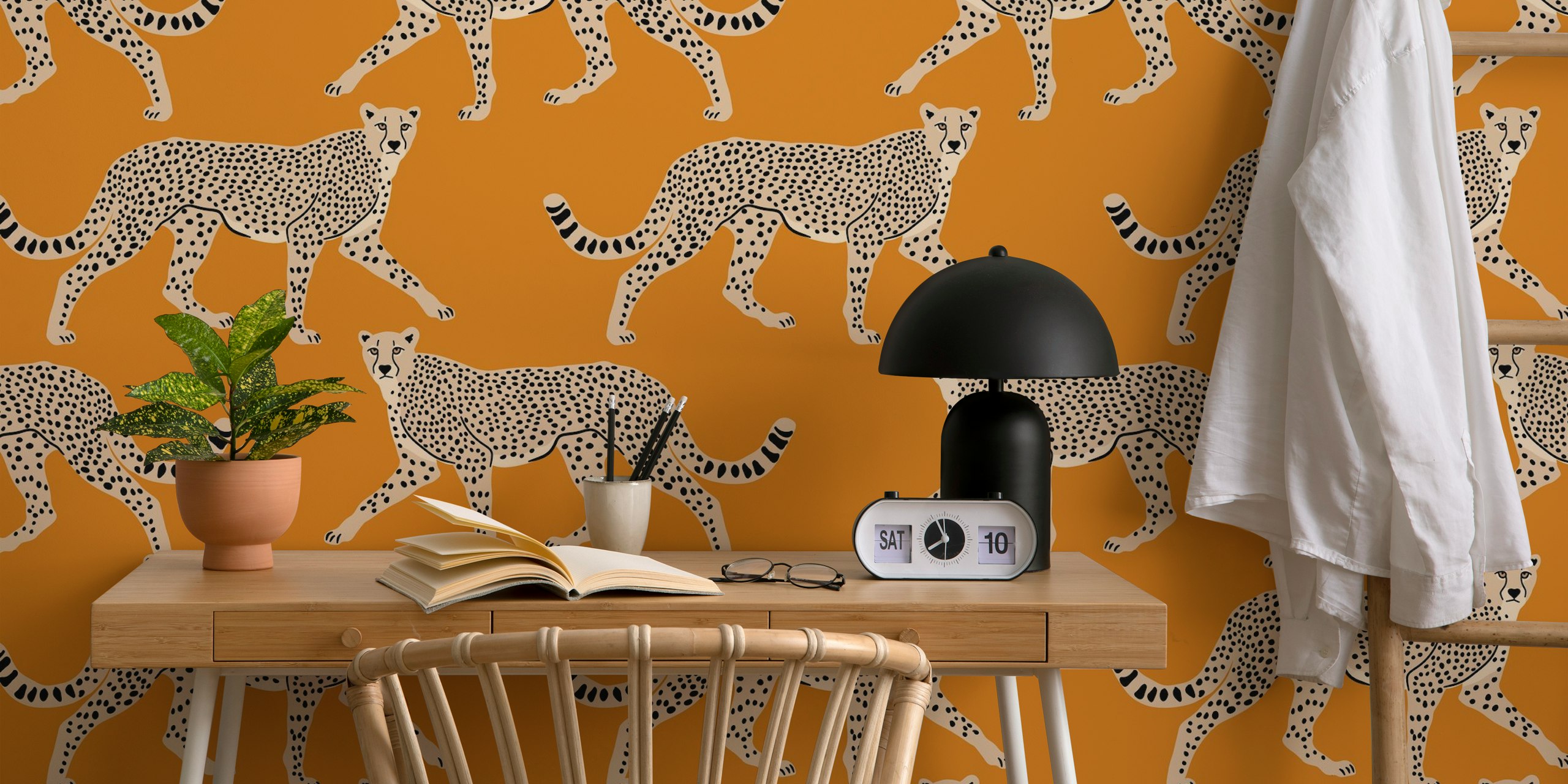 Cheetah pattern on ochre background wall mural wallpaper