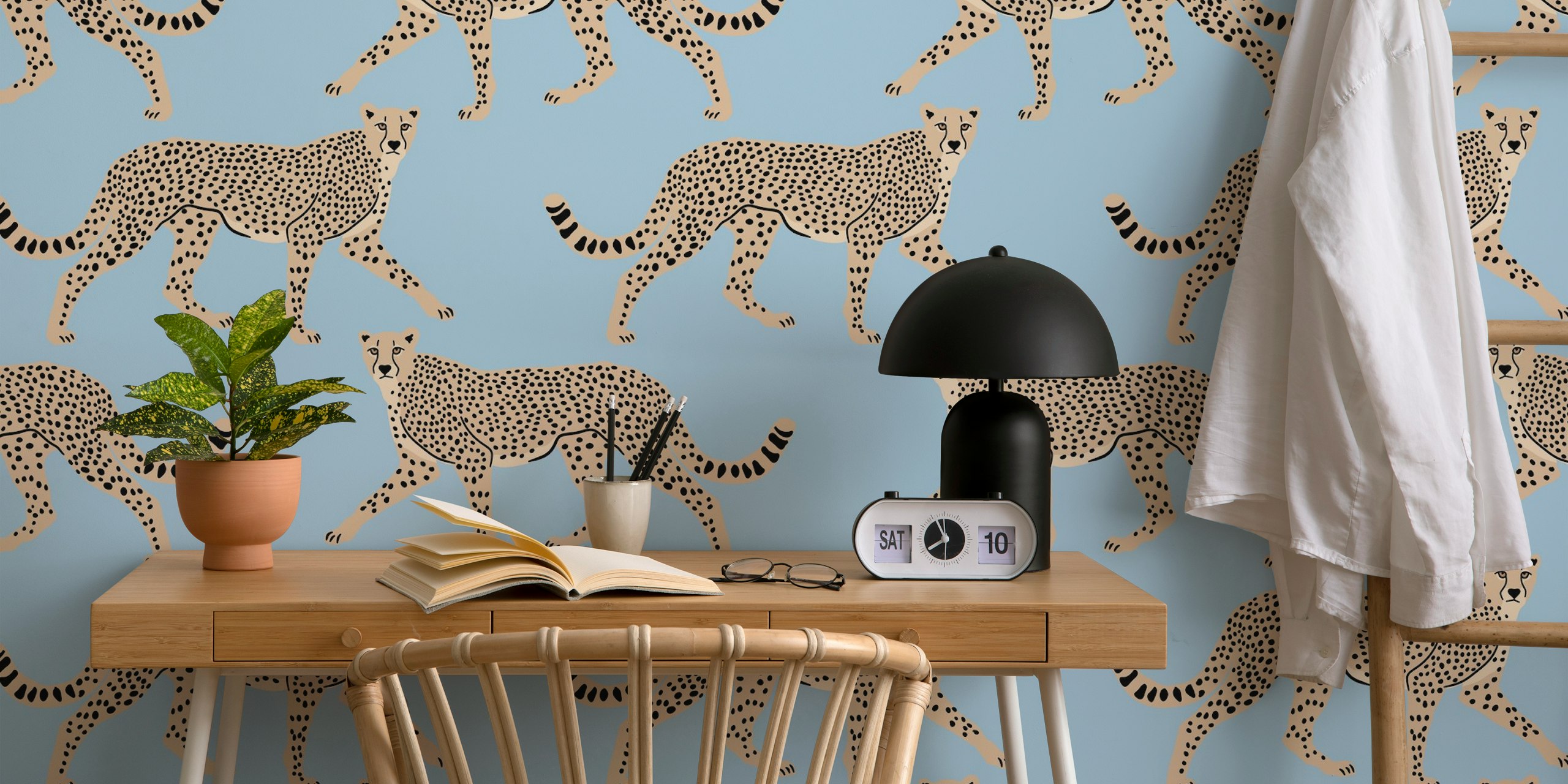 Walking cheetahs on dark steel blue background wallpaper